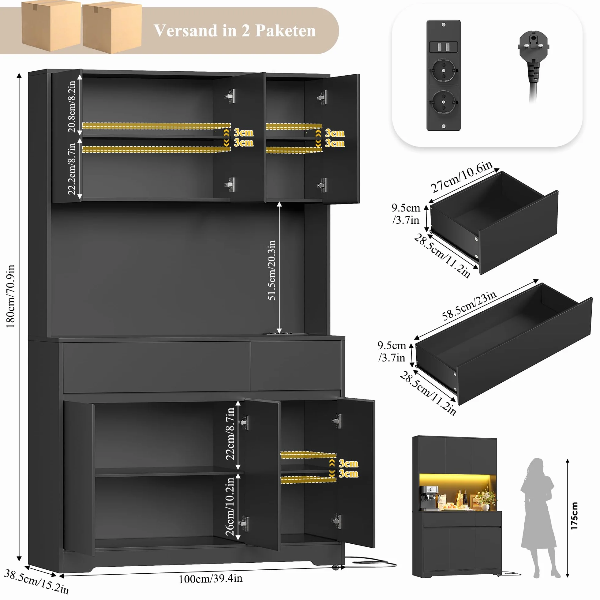 FirFurd Szafka kuchenna o wysokości 180 cm, szafka kuchenna z diodami LED, gniazdko elektryczne, regulowane półki, 2 szuflady, 6 drzwi, duży blat, 180 x 100 x 38,5 cm, czarna
