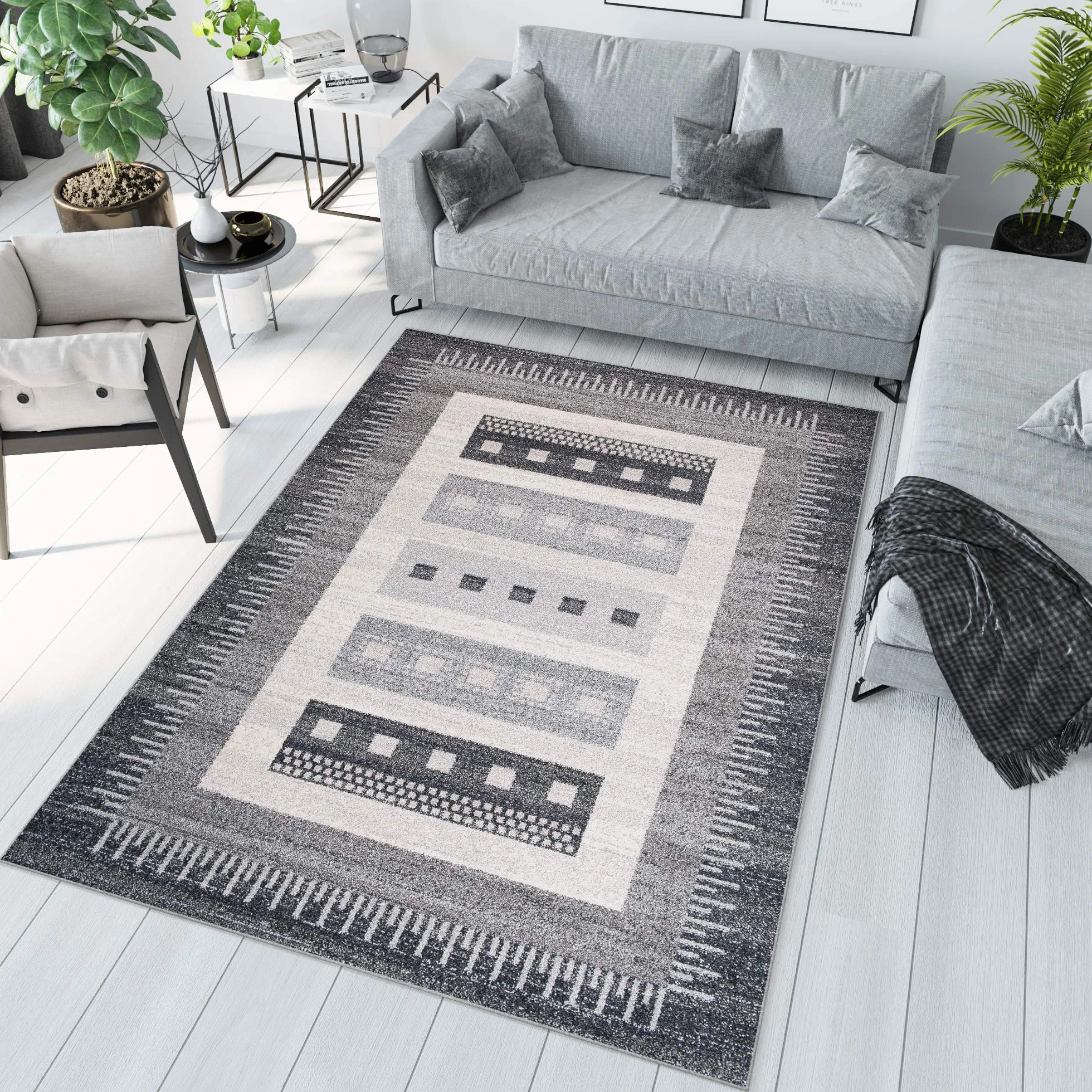Tapiso® Dywan Sari z krótkim włosiem | melanżowy designerski dywan w kolorze szaro-białym, czarnym, z abstrakcyjnym wzorem w paski, karo, diamenty, idealny do salonu, pokoju gościnnego, jadalni, Ökotex 120 x 170 cm