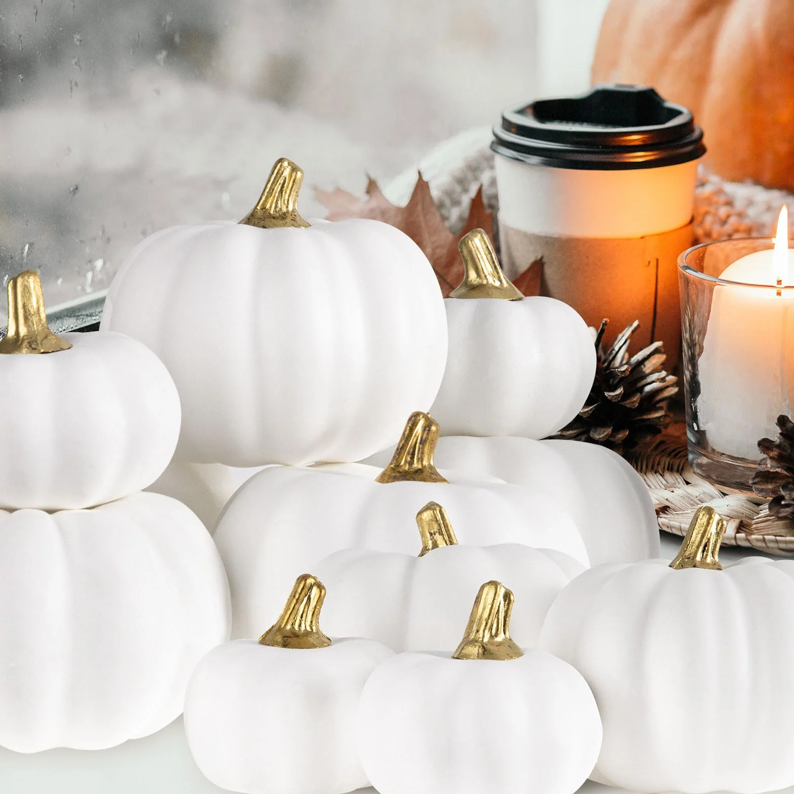 Benjia 12 szt. Dekoracja Jesiennej Dyni, Mini Mała Jesienna Dynia Sztuczna Dynia na Jesień Halloween Święto Dziękczynienia Sztuczne Dynie Dekoracja Stołu do Domu (Biały)