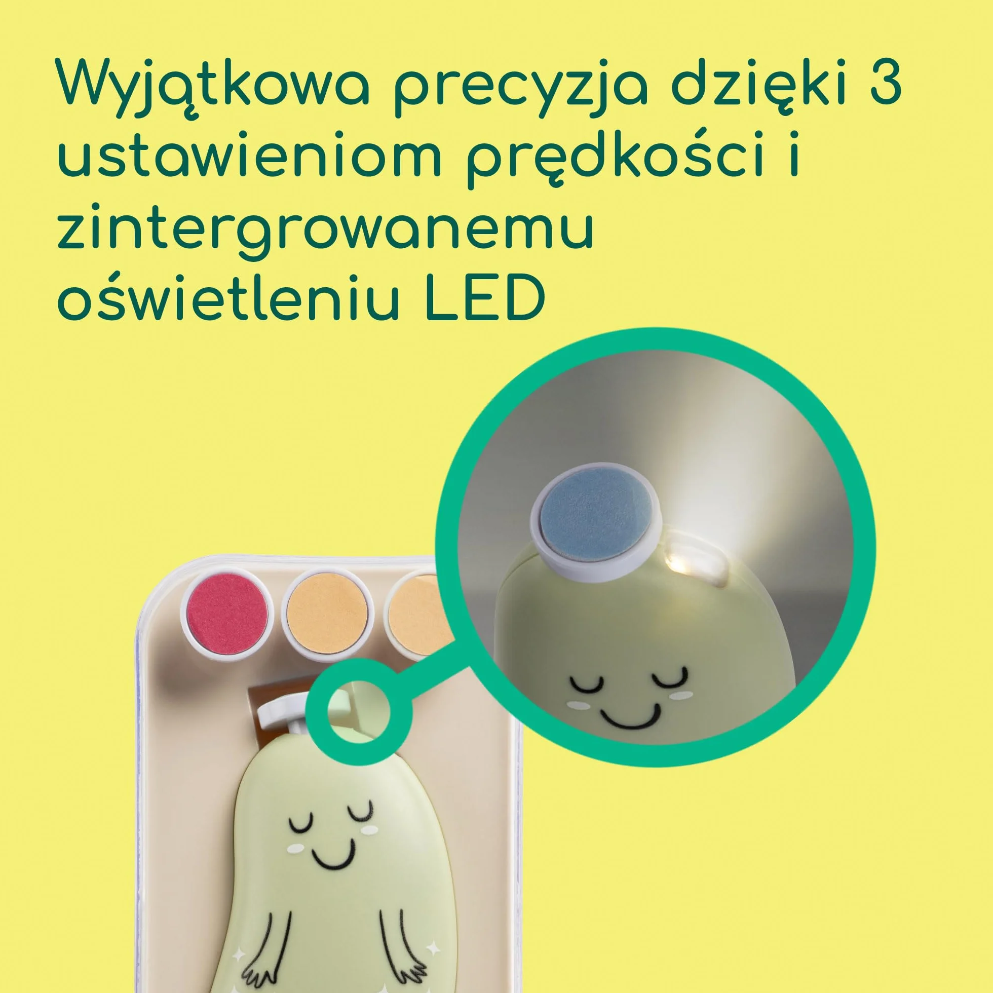 Bebeconfort Elektryczny Pilnik do Paznokci dla Dzieci, od Narodzin, dla Niemowląt i Maluchów, 7 Pilniki do Paznokci z Teksturami, Ładowanie USB-C, 3 Prędkości, Lampka LED, Pojemnik, Zielony