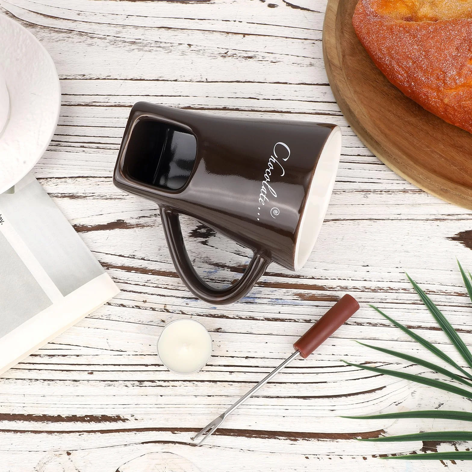 Kubek Fondue Czekoladowego z Widelczykiem i Podgrzewaczami, Słodki Kubek Roztapiania Czekolady Ceramiczny Zestaw Fondue Czekolada Ser Cukierki Idealny Prezent Randkę Urodziny (Ciemnobrązowy)