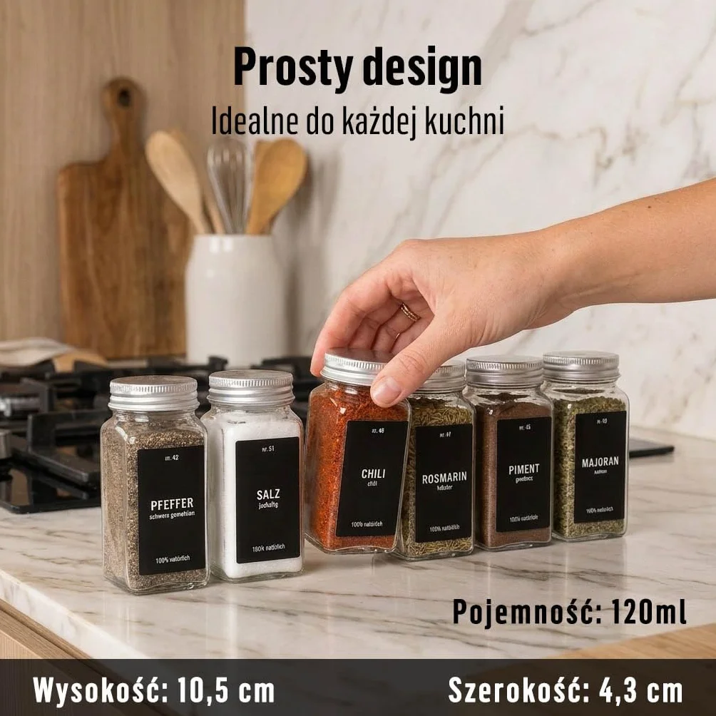 Deco haus® Słoiczki na Przyprawy z Nakrętką - Zestaw 24 sztuk - Różne Nasadki do Wytrząsarek, Lejek, Pędzelek, Etykiety i Kreda - Idealne do Naszych 4 Stojaków na Przyprawy - 120 ml, 10,5 x 4,3 cm