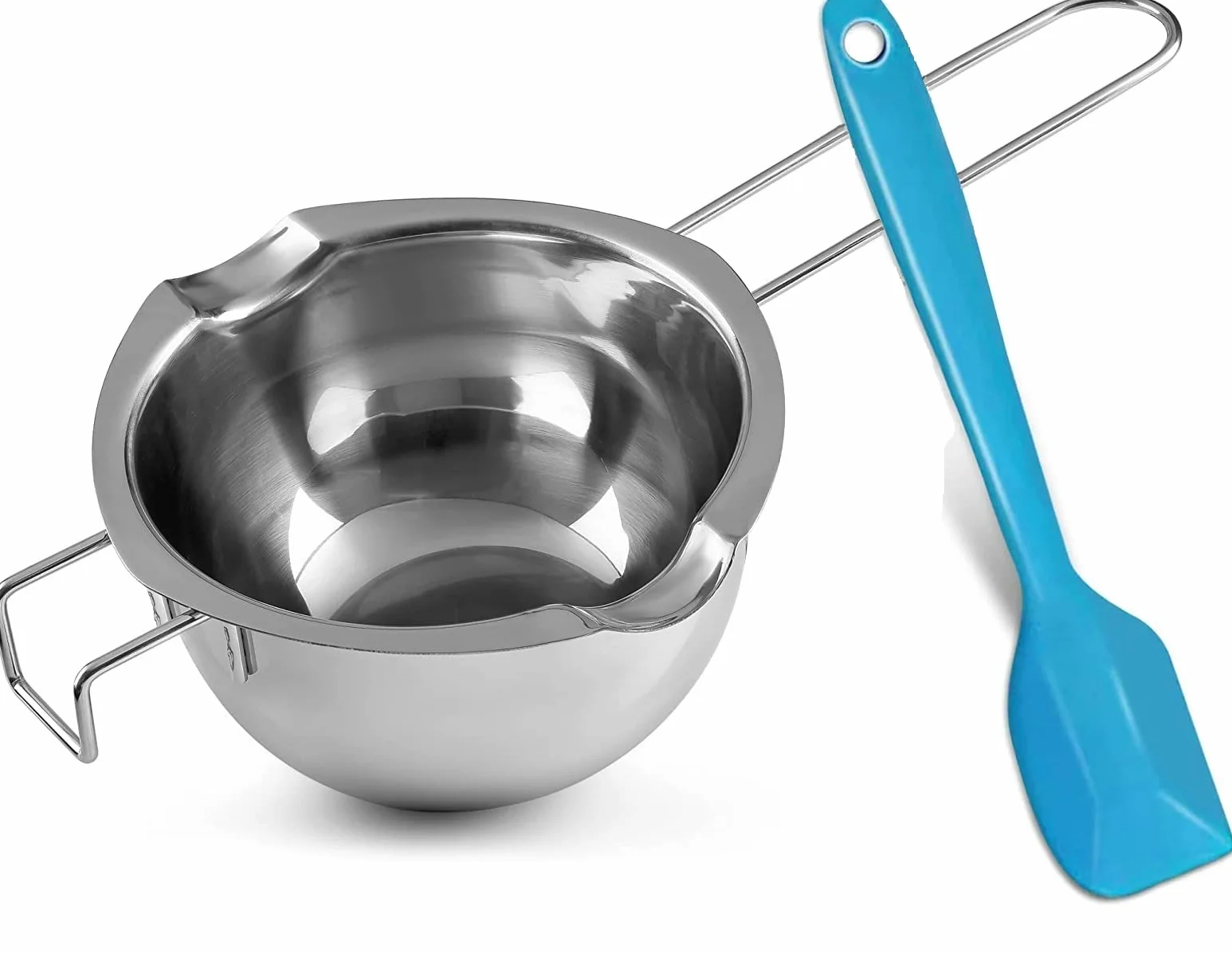 Miska do kąpieli wodnej ze stali nierdzewnej 304 z niebieską szpachelką do topienia czekolady świec, wosku, cukru, masła, sera, karmelu (400 ml)