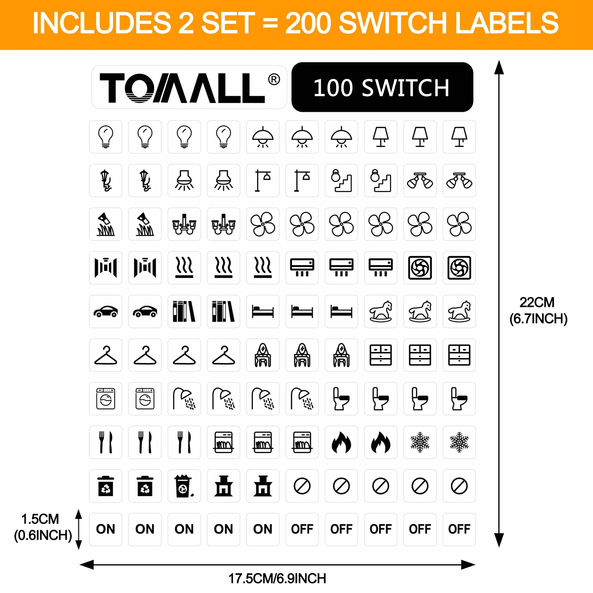 TOMALL 200 szt. etykiet na włącznik światła, naklejki ikonowe, gospodarstwo domowe, przezroczyste światło, grzejnik, łóżko, łazienka, kuchnia, garaż, pralnia, przełącznik, etykieta, zestaw graficzny