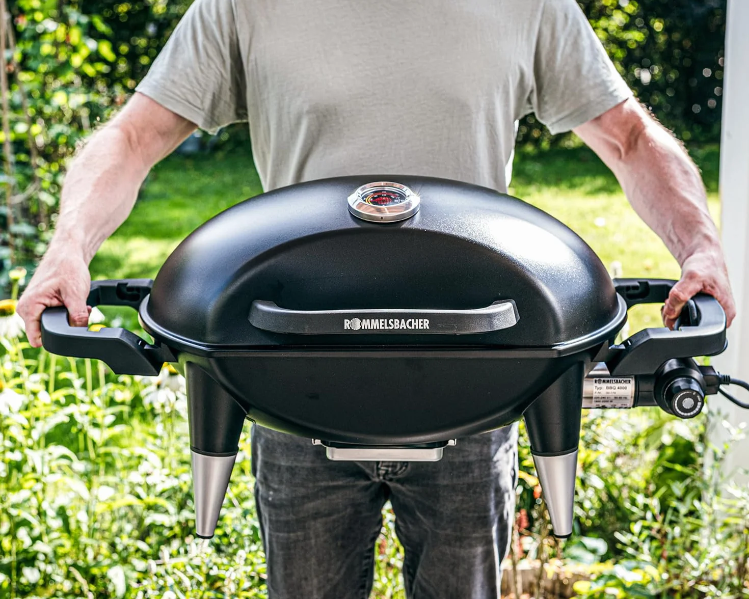 ROMMELSBACHER Barbecue BBQ 4100/S, 2-częściowy ruszt do grillowania z żeliwa, pokrywa na zawiasach ze wskaźnikiem temperatury, temperatury do 300°C, bezstopniowa regulacja, w zestawie z wózkiem