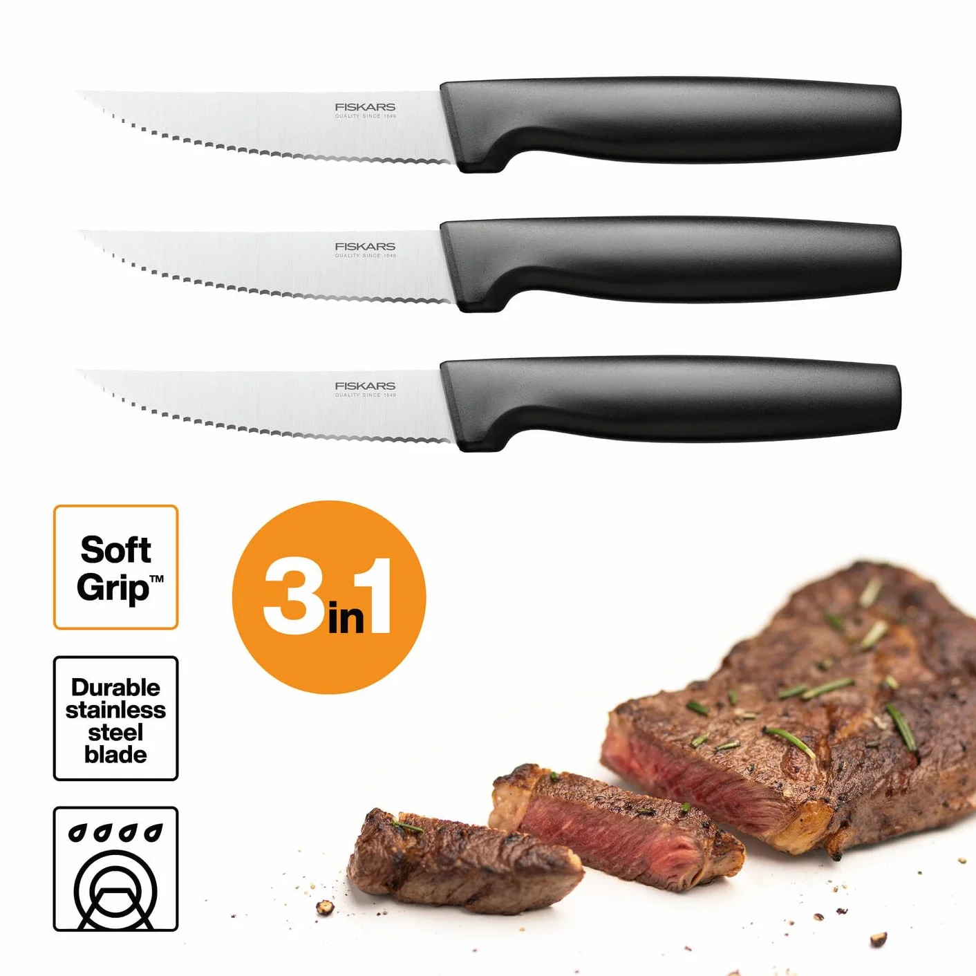 Fiskars Zestaw noży do steków, 3-częściowy, Functional Form, Stal nierdzewna/tworzywo sztuczne, Czarny, 1057564