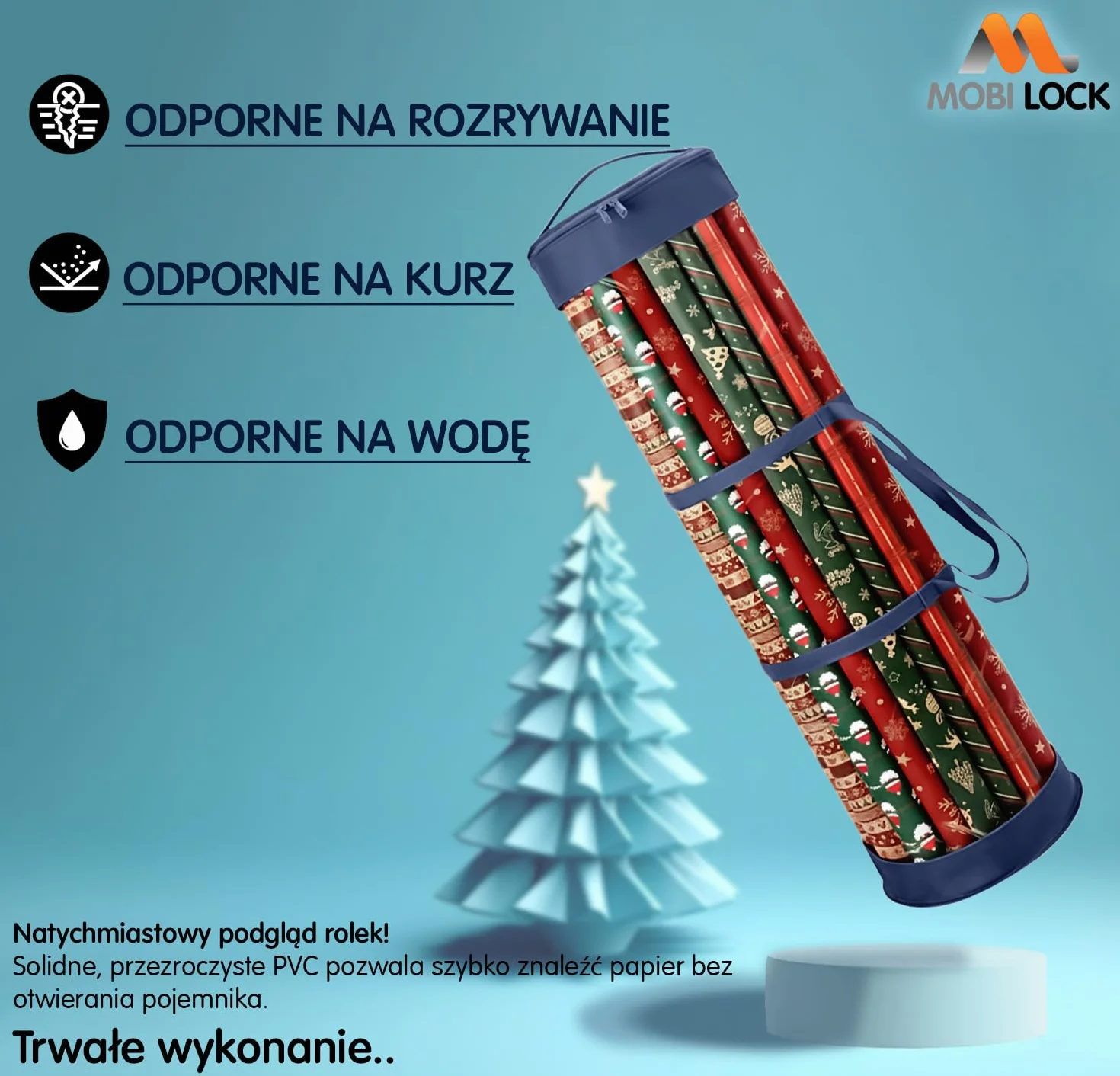 Torba do Przechowywania Papieru Urodzinowego - Cylindryczny Organizer z Zamkiem i Wzmocnionymi Uchwytami - Mieści 18-25 Rolek - Odporna na Rozdarcia Pokrowiec na Papier - od Mobi Lock