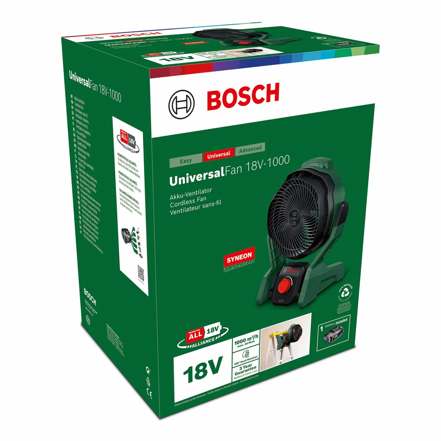 Bosch Home and Garden Przenośny wentylator akumulatorowy UniversalFan 18V-1000 (1 akumulator 2,0 Ah, system 18V, zastosowania: majsterkowanie, kemping i wiele innych, przepływ powietrza: 1 000 m³/h)