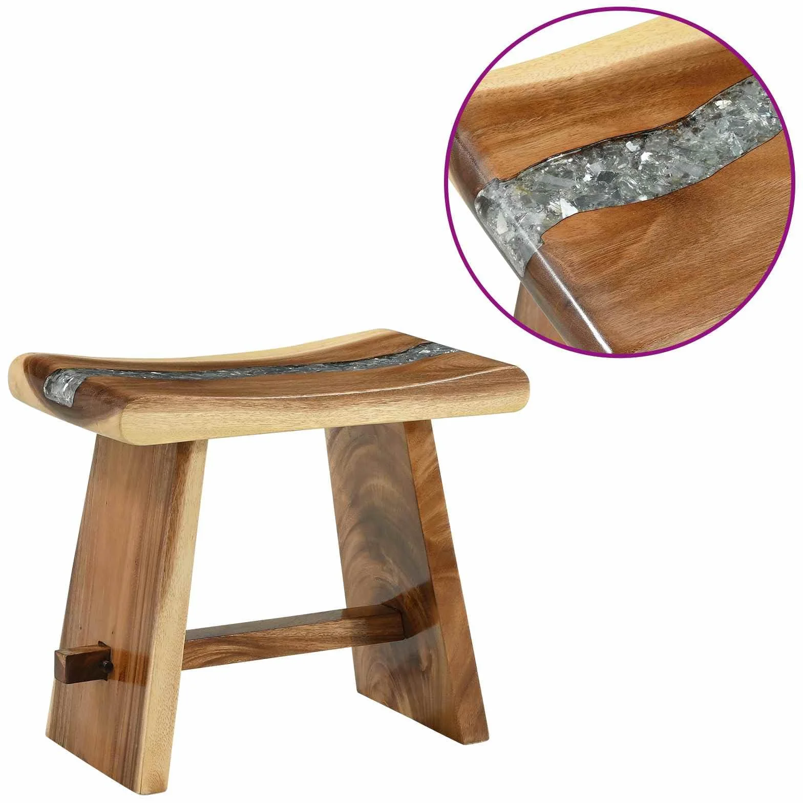 Naturalny taboret prysznicowy, 50 x 30 x 44 cm, z litego drewna suarowego, tacą z żywicy i pękniętym szkłem, nowoczesny design do łazienki, stojak na rośliny lub akcesoria prysznicowe