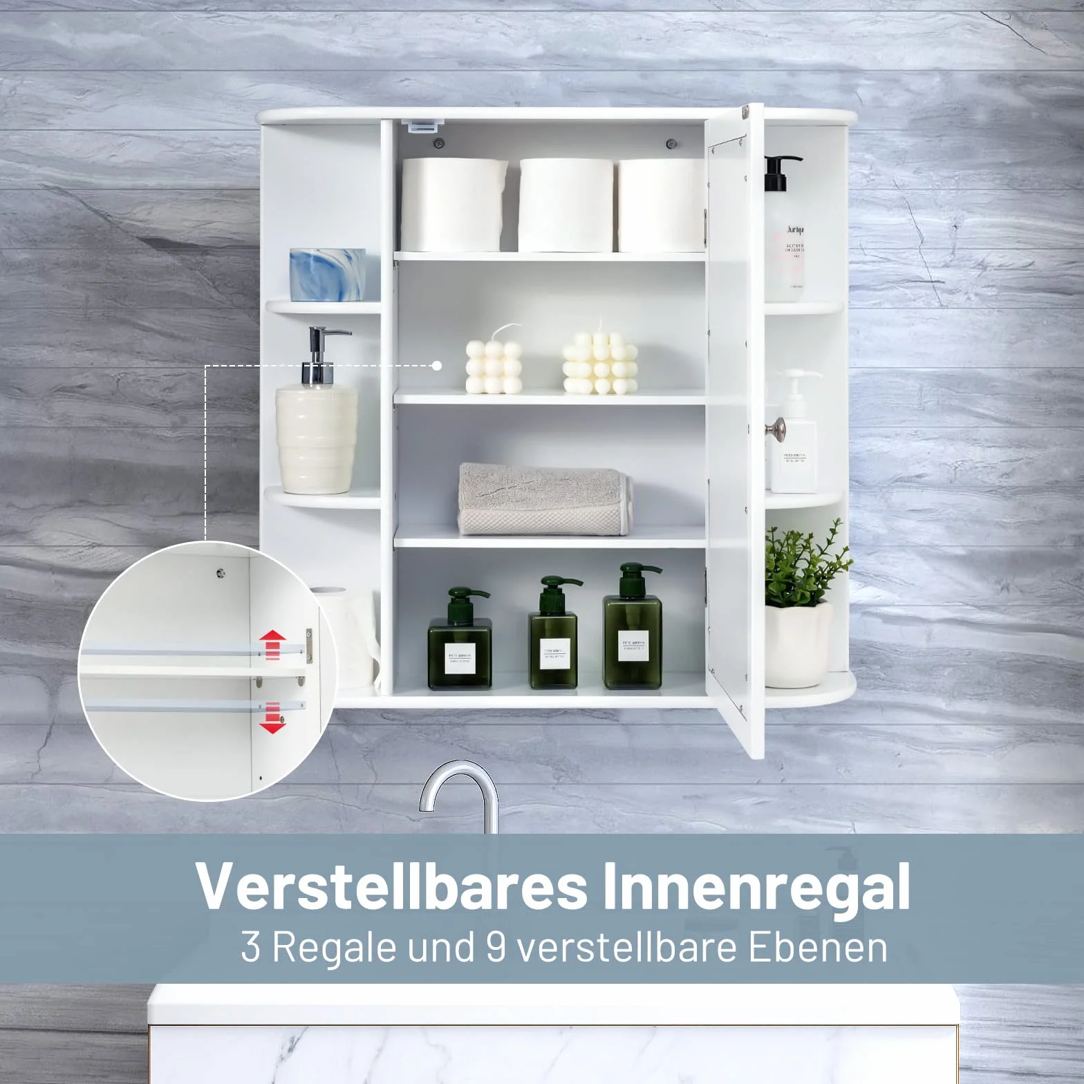 COSTWAY Wisząca Szafka Łazienkowa z Lustrem, 4 Zamykane Półki i 6 Otwartych, Drewniana, 66 x 17 x 63 cm, Biała – Duża Przestrzeń i Nowoczesny Design