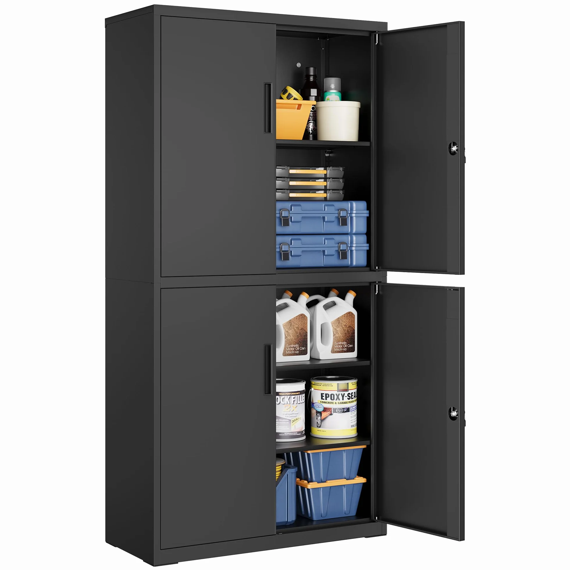 SONGMICS Metalowa szafka garażowa, wielofunkcyjna szafka na dokumenty z 4 drzwiami i 5 półkami, 40 x 80 x 180 cm, zamykana, z 2 zamkami, regulowanymi półkami, matowa czarna OMC016B01