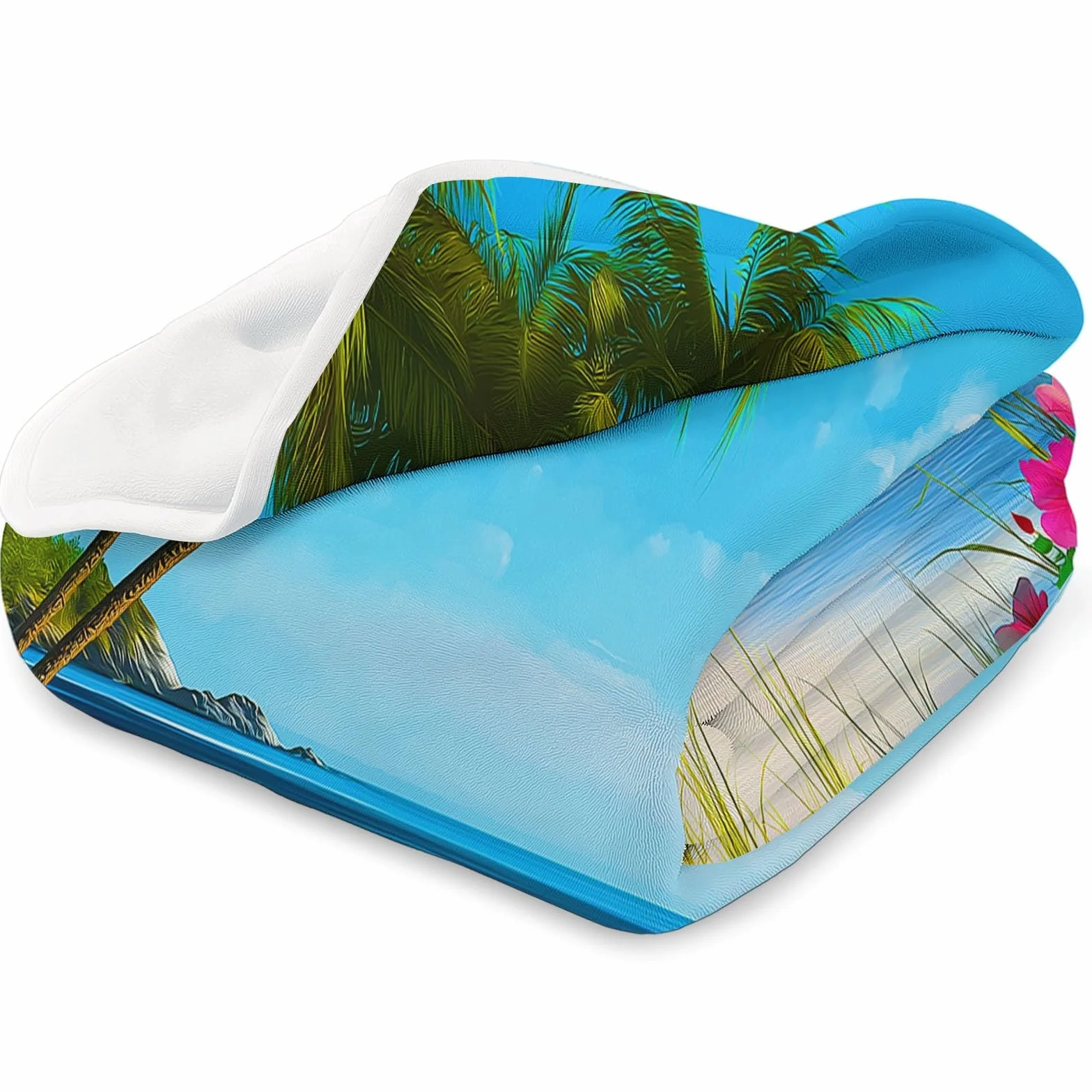 Koc flanelowy 220 x 240 cm, tropikalna plaża, palmy, narzuta na kanapę, do łóżka i łóżka, miękka i ciepła flanela, niebieski