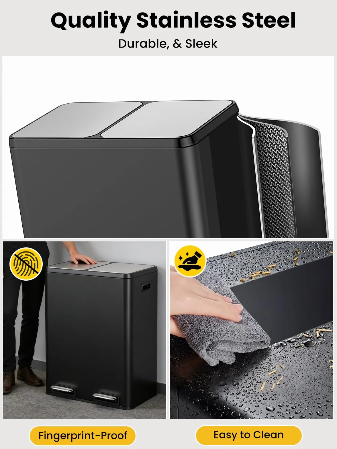 YEAUPE PRO Kosz na śmieci kuchenny 60L, 2x30L, czarny, ze stali nierdzewnej, podwójny kosz pedałowy do segregacji odpadów, pokrywa Soft Close, wyjmowane wiadra, 15 worków