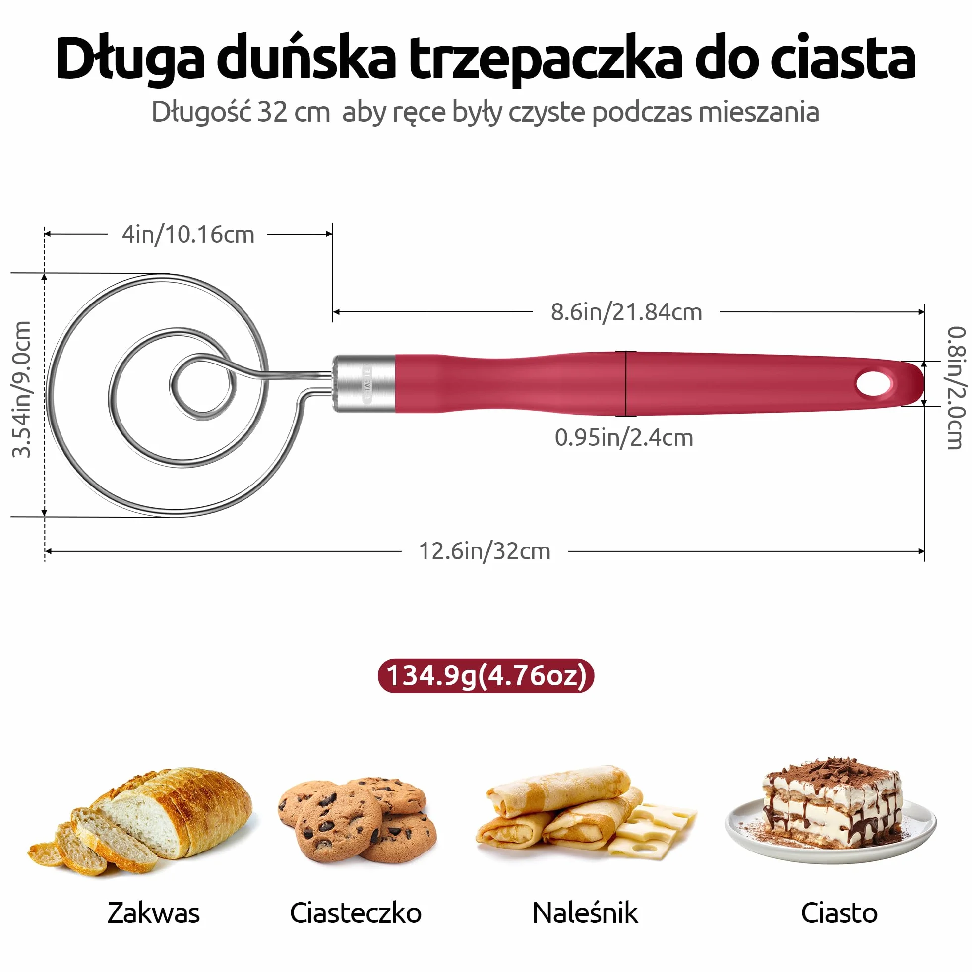 U-Taste Duńska trzepaczka do ciasta: trzepaczka do ciasta ze stali nierdzewnej 18/8, ręczna maszyna do pieczenia chleba o jakości spożywczej z antypoślizgowym silikonowym uchwytem do pieczenia
