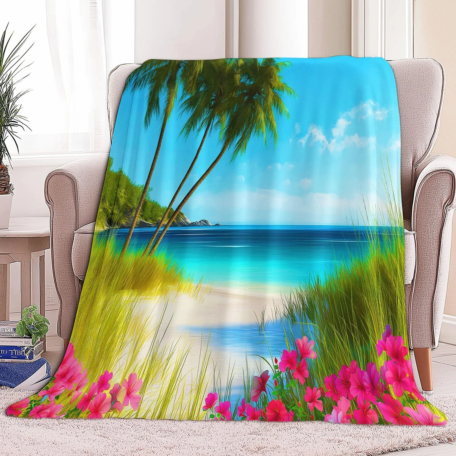 Koc flanelowy 220 x 240 cm, tropikalna plaża, palmy, narzuta na kanapę, do łóżka i łóżka, miękka i ciepła flanela, niebieski