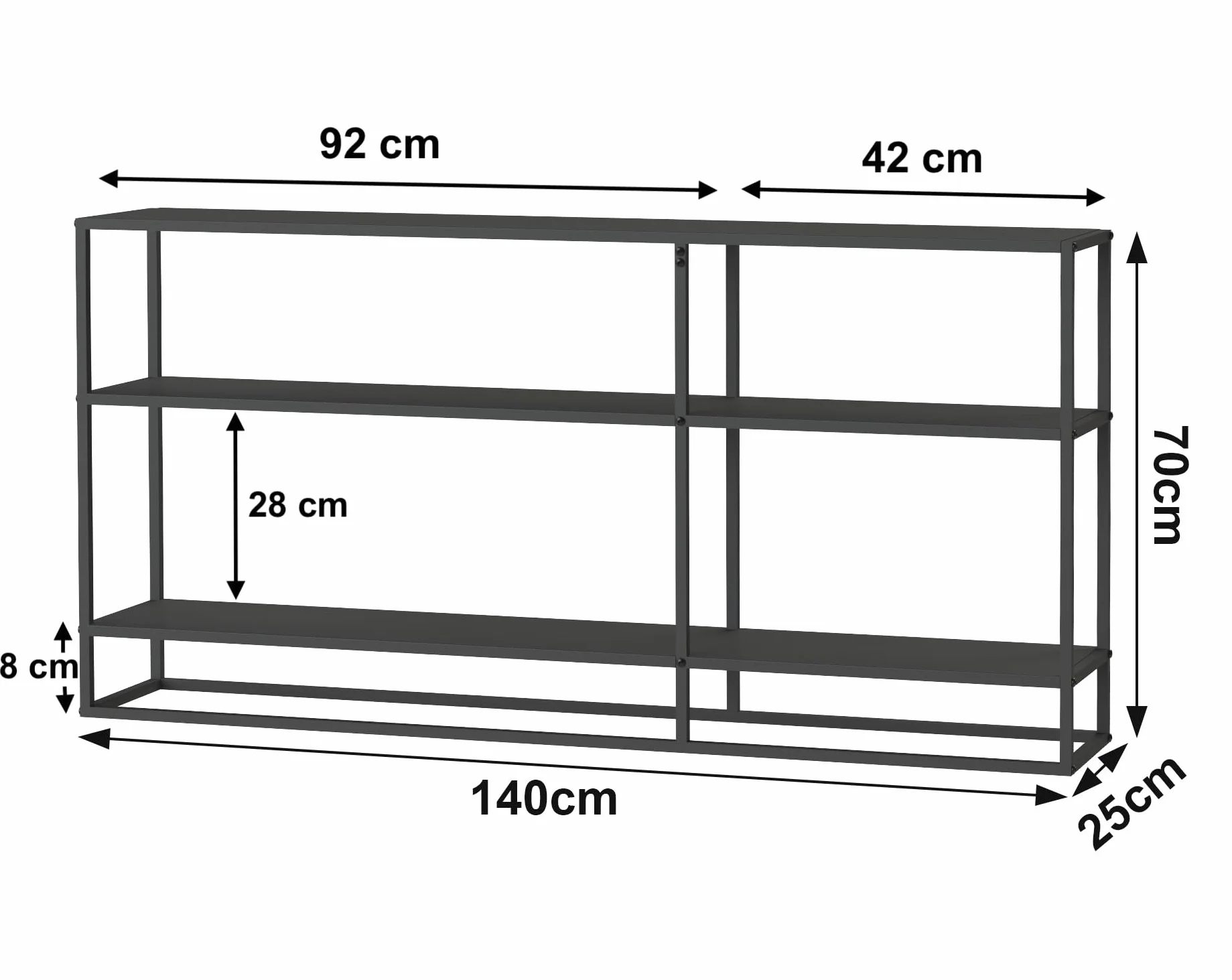 DanDiBo Stolik konsolowy, wąski, metalowy, czarny, z 3 poziomami, nowoczesny, 140 x 70 x 25 cm, regał stojący, regał stojący 96471, metalowy regał z półką