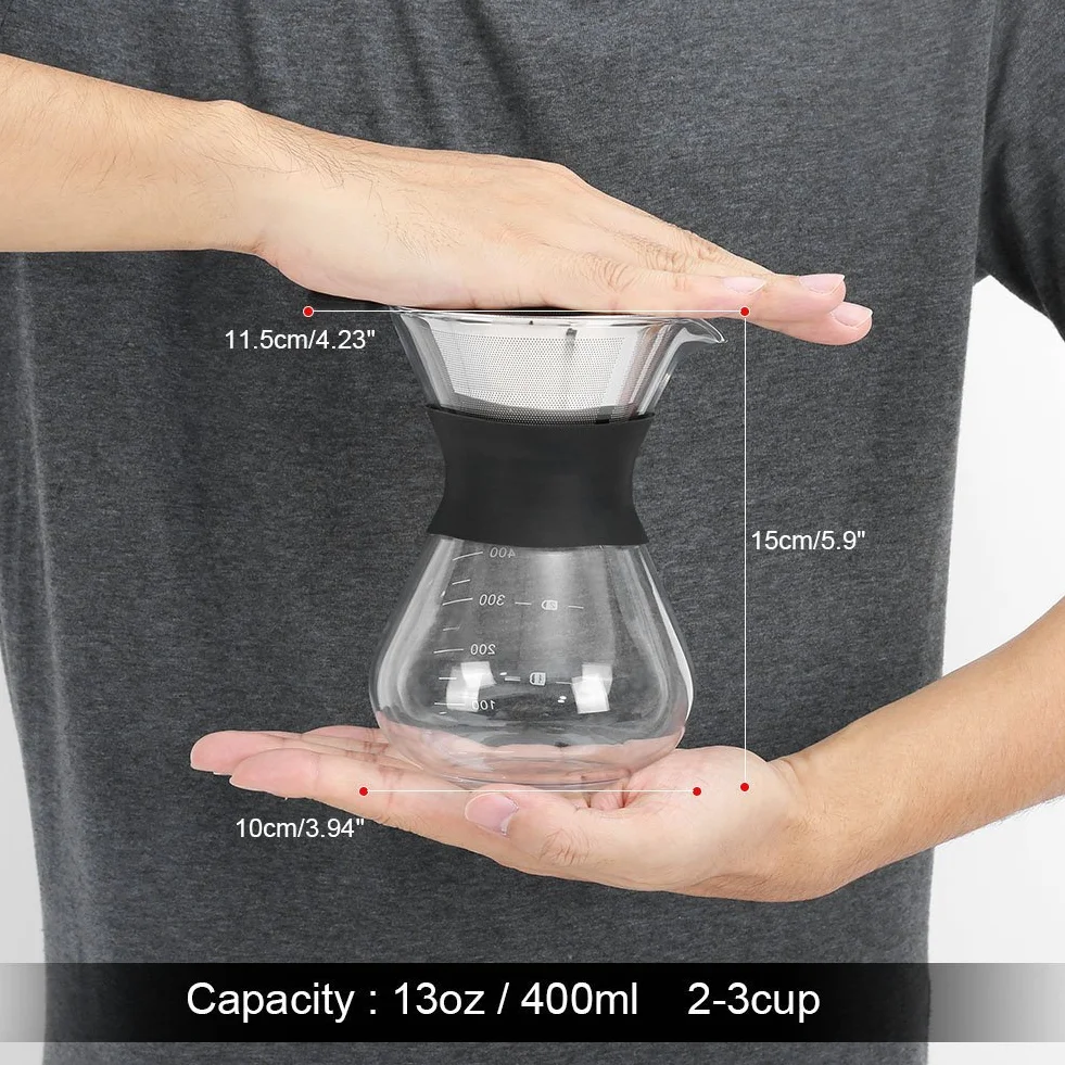 Ekspres do kawy „Pour Over” ze stałym filtrem ze stali nierdzewnej i karafką. Ekspres do kawy, dzbanek szklany, przezroczysty, 400ml
