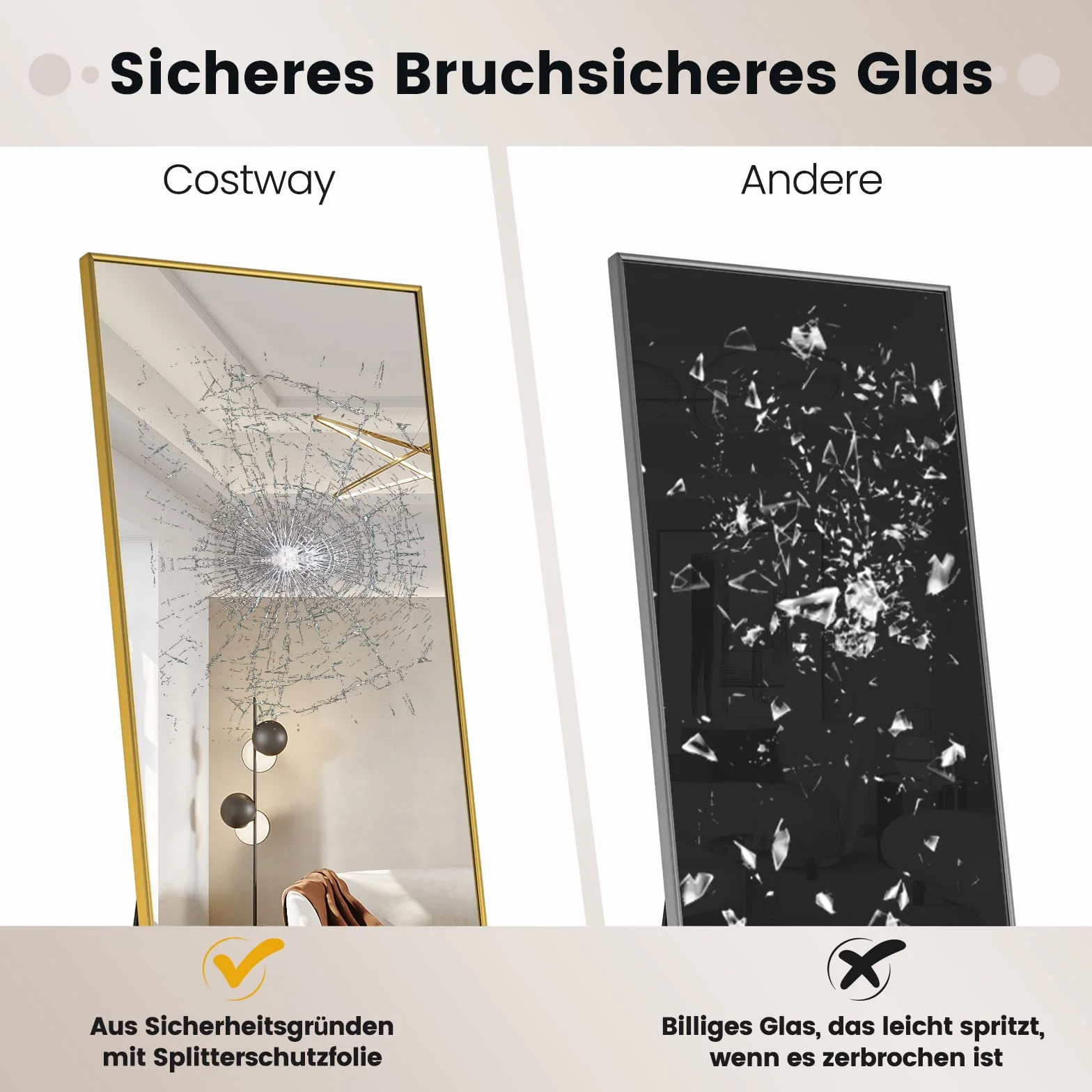 COSTWAY Lustro stojące i ścienne 2 w 1, 160 x 40 cm, do garderoby, do sypialni, salonu i wejścia (kolor złoty)