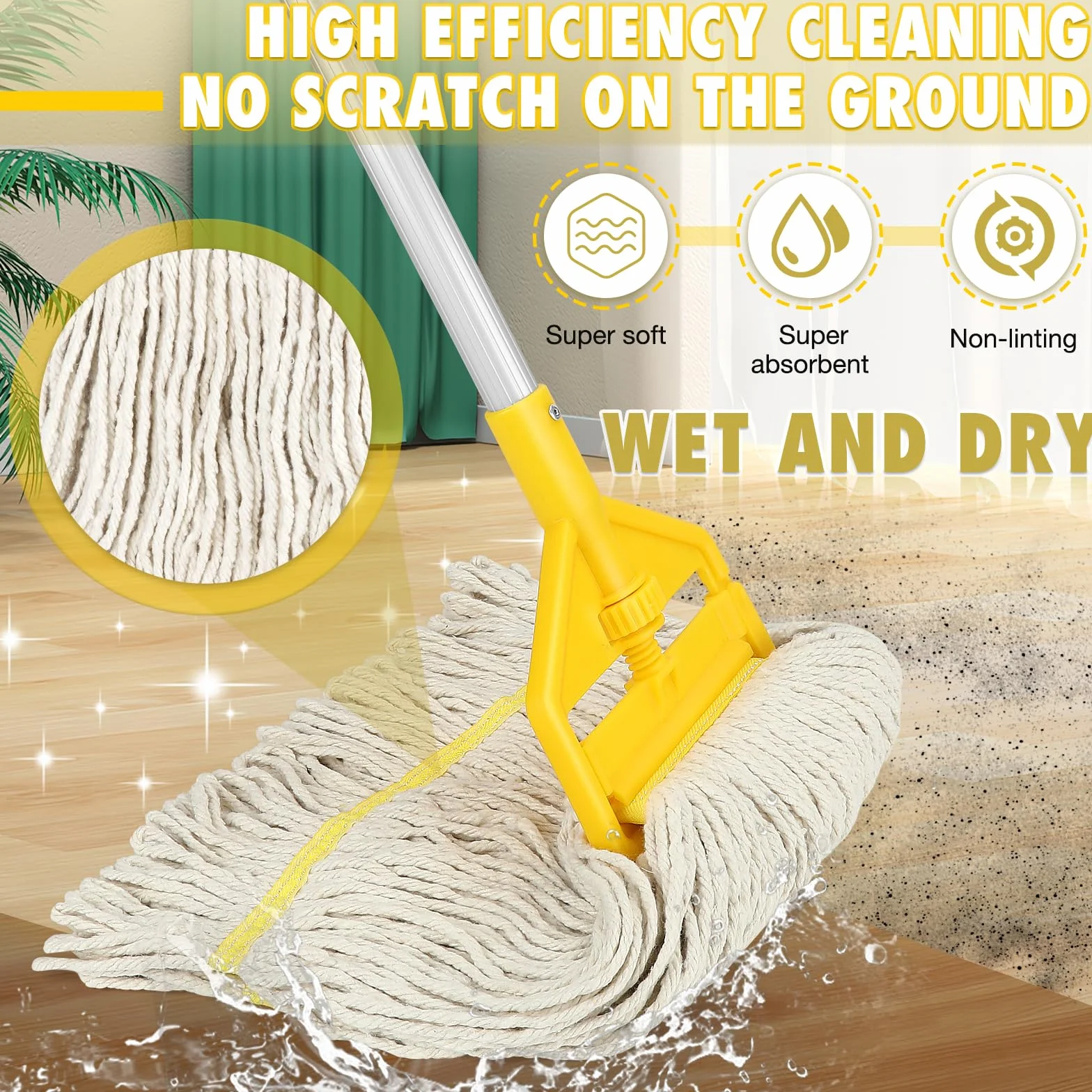 Mop komercyjny, wytrzymały, przemysłowy, bawełniany mop z długim uchwytem, pętelkowy sznurek, mopy do mycia na mokro do domu, garażu, biura, warsztatu, czyszczenia podłóg magazynowych.