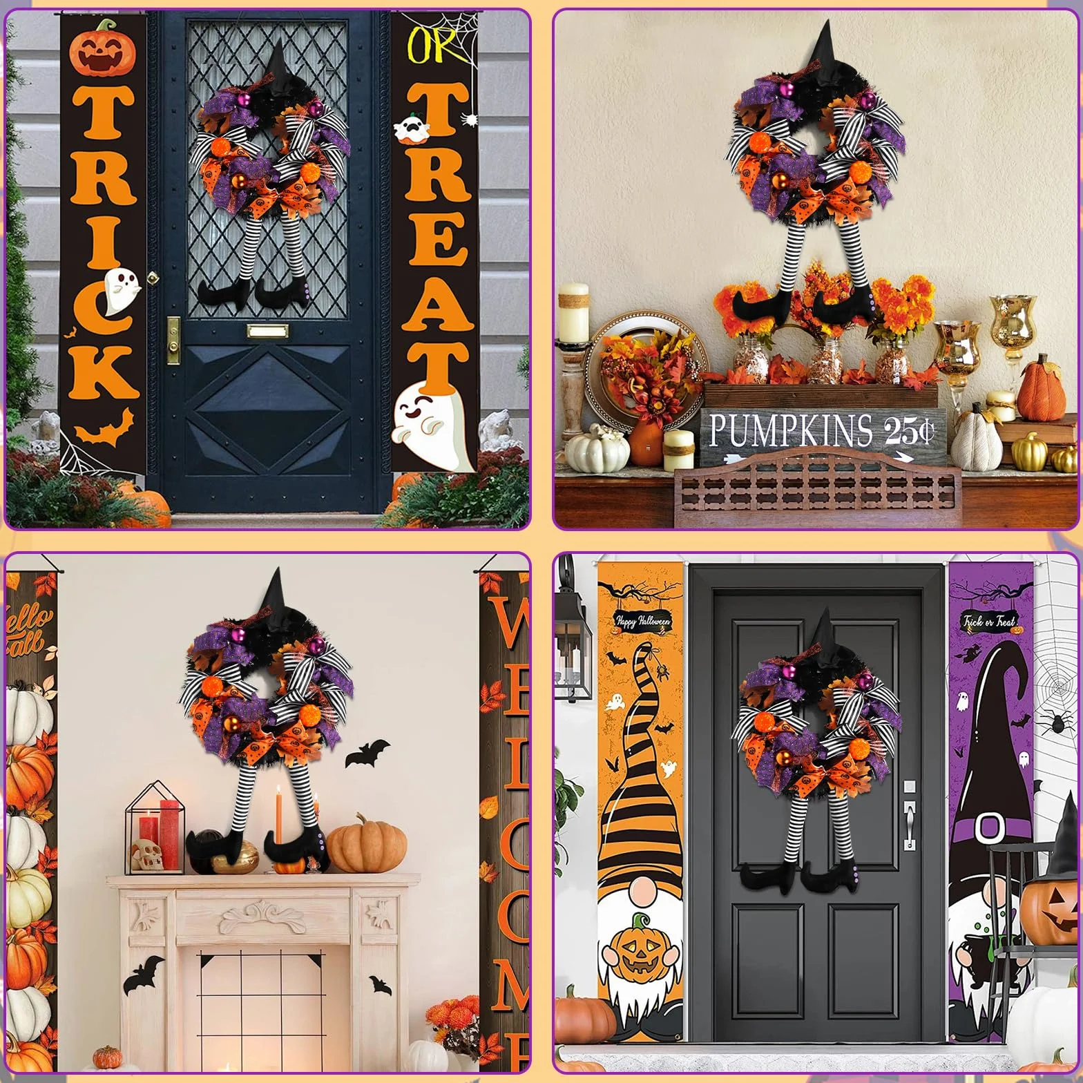 Halloweenowy Wieniec na Drzwi z Nogą Czarownicy, Kapeluszem Wiedźmy i Dynią - Dekoracja na Halloween