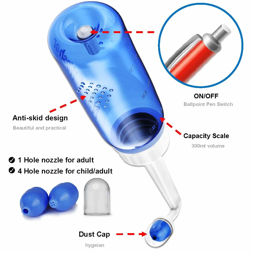 Neti Pot-2 botellas+4 boquillas+spray nasal (solo botella) -300 ml Neti Pot Sinus Rinse Kit de enjuague para senos nasales -Limpiador de nariz y riego sinusal -Pulverizador nasal bloqueado de nariz