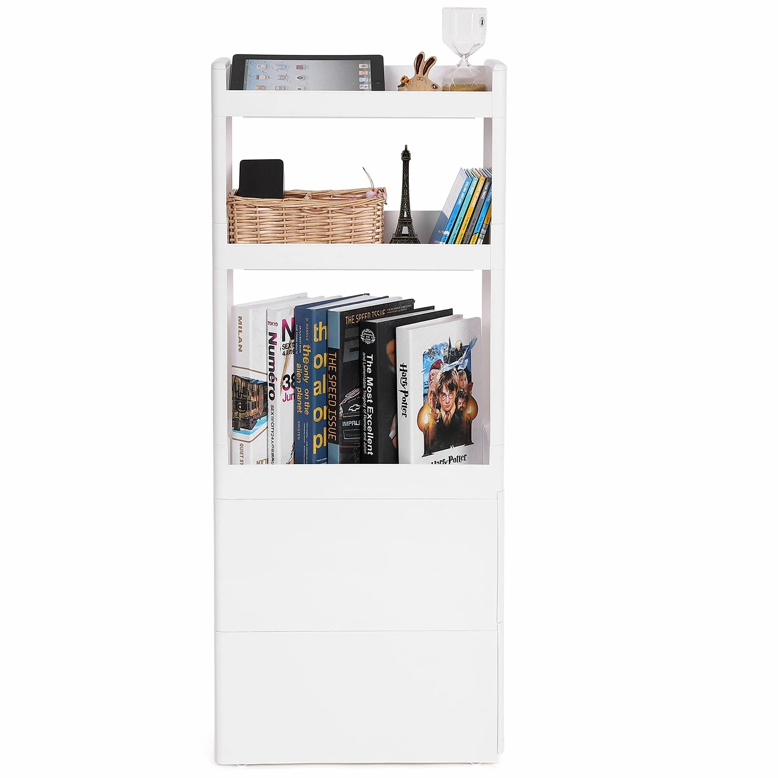 SONGMICS Wąskie Szafka wnękowa 3 półki 2 szuflady z kółkami 17 cm biała KFR06WT