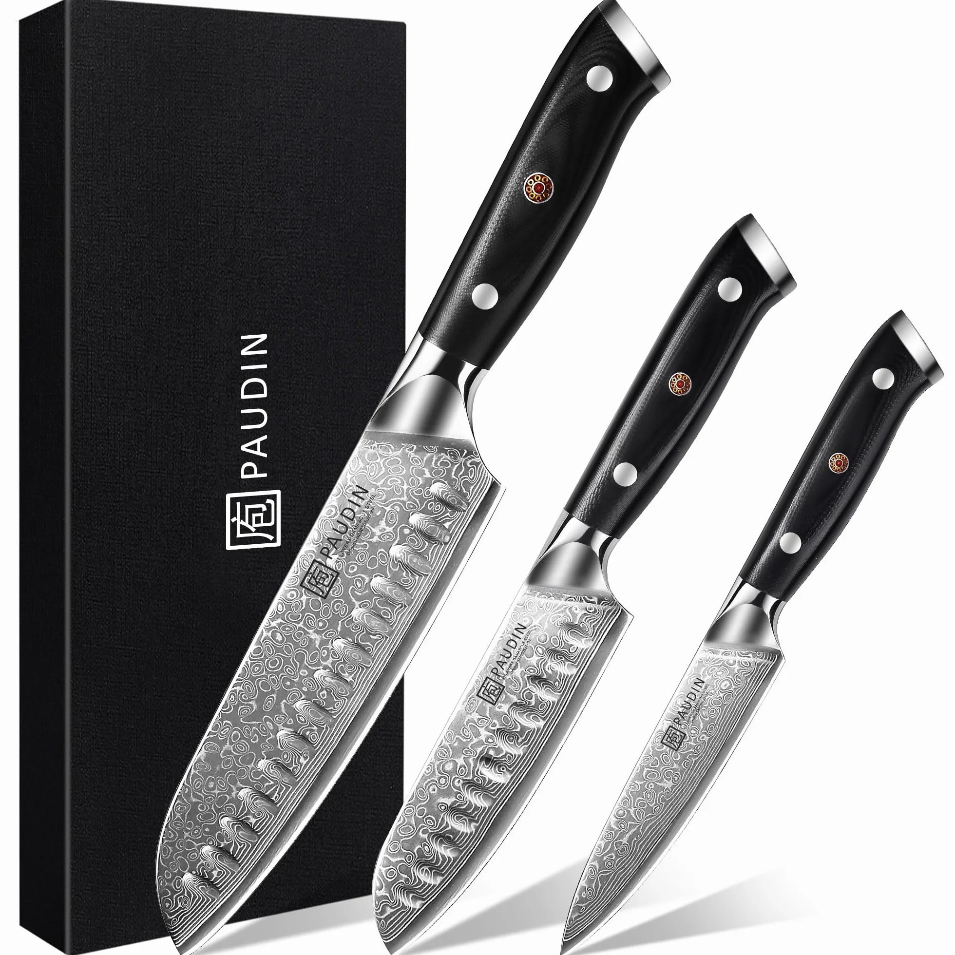 PAUDIN Zestaw noży damasceńskich 3 sztuki, zestaw noży kuchennych z adamaszku, ultra ostry nóż santoku, nóż kuchenny, 67 warstw stali damasceńskiej z rdzeniem ze stali VG10, ergonomiczny uchwyt G10