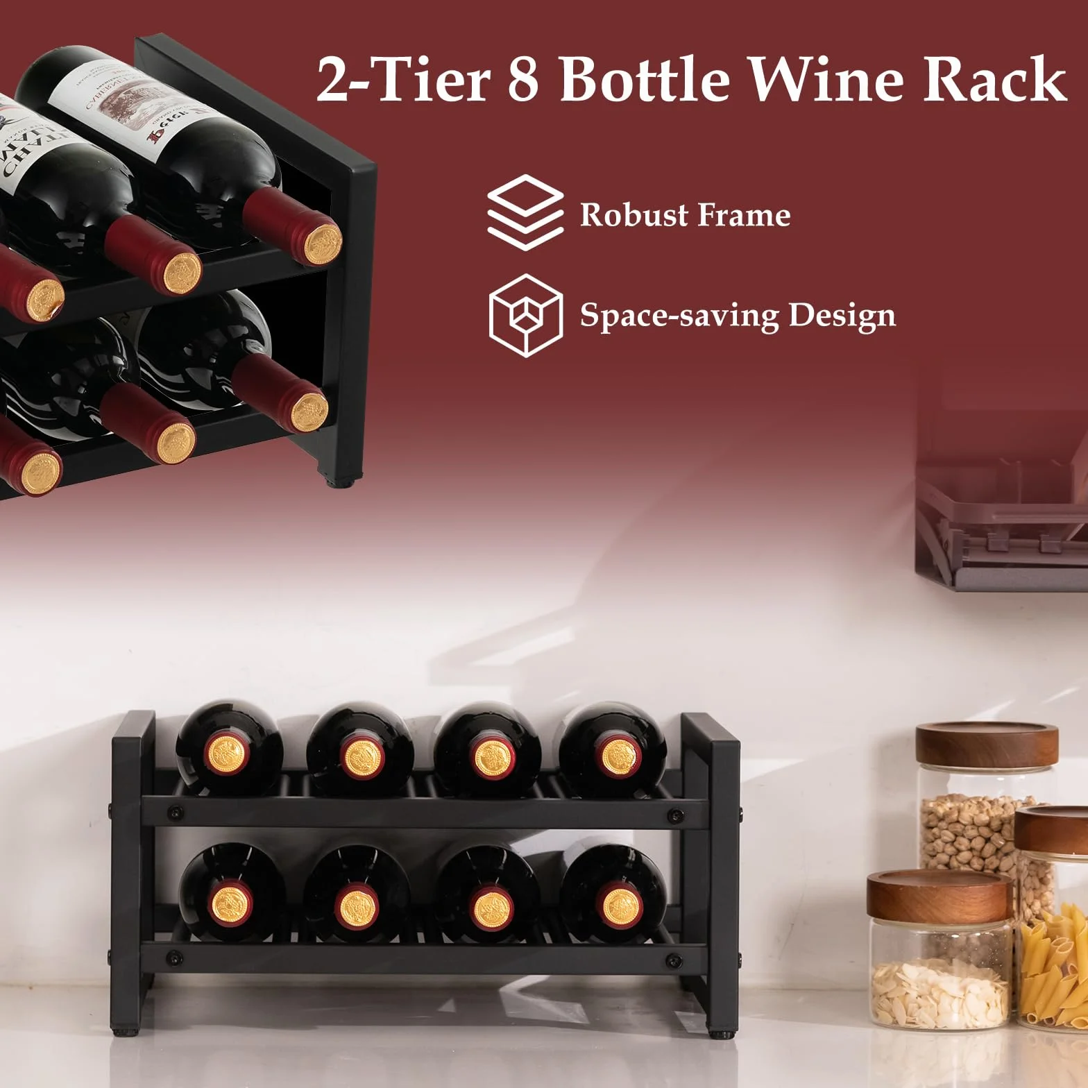 KOMFOTTEU 2-poziomowy stojak na wino - metalowy stojak na wino z 8 butelkami, z regulowanymi nogami, do blatu, spiżarni, kuchni, domu