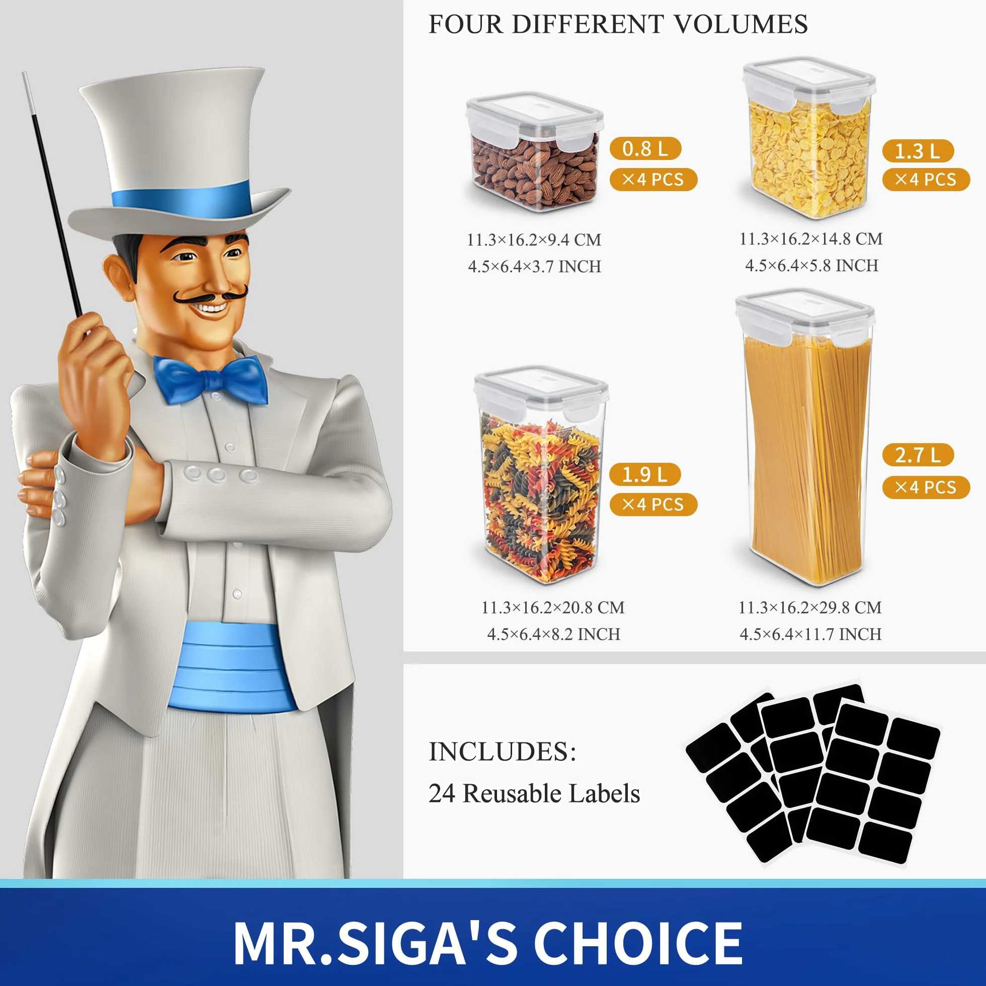 MR.SIGA Zestaw hermetycznych pojemników do przechowywania żywności, bez BPA, organizer do spiżarni kuchennej, pojemniki kuchenne na płatki śniadaniowe, spaghetti, zawiera 24 etykiety wielokrotnego