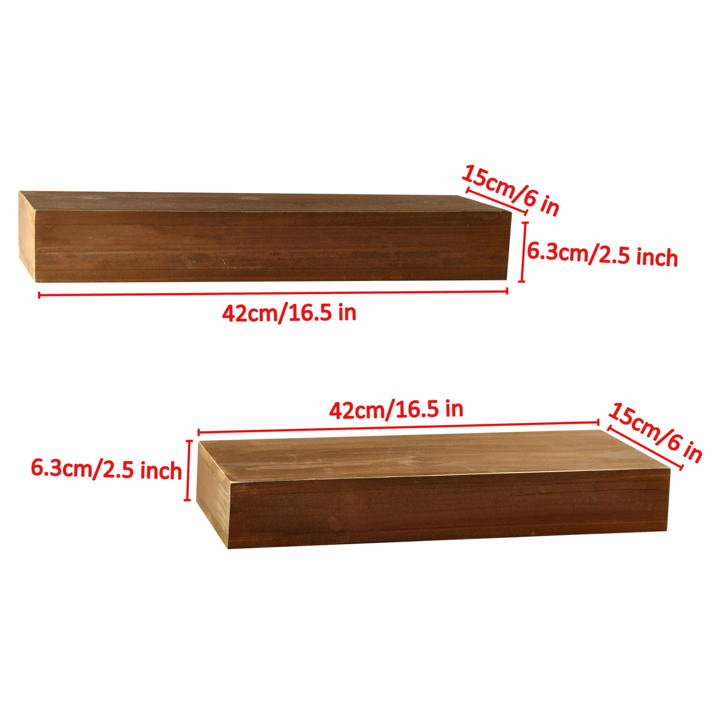 Regał ścienny, wiszący, z litego drewna, brązowy, tekowy, 41,9 x 15,2 x 6,3 cm (szer. x gł. x wys.), rustykalny organizer na zdjęcia, rośliny, trofea i książki, zestaw 2 sztuk, materiały w
