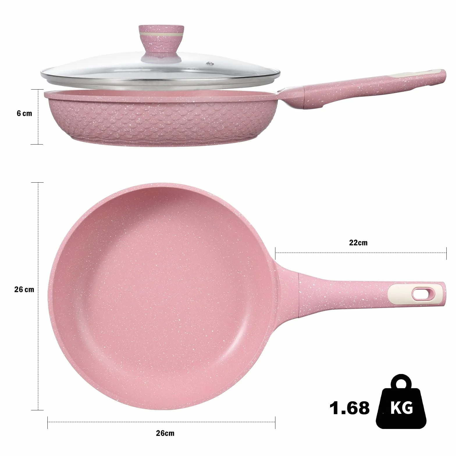 DYGG Patelnia z pokrywką 26 cm powlekana patelnia do wszystkich rodzajów kuchenek, w tym indukcyjna różowa, beztłuszczowe smażenie, zestaw patelni, nieprzywierający materiał granitowy, w 100% wolna od