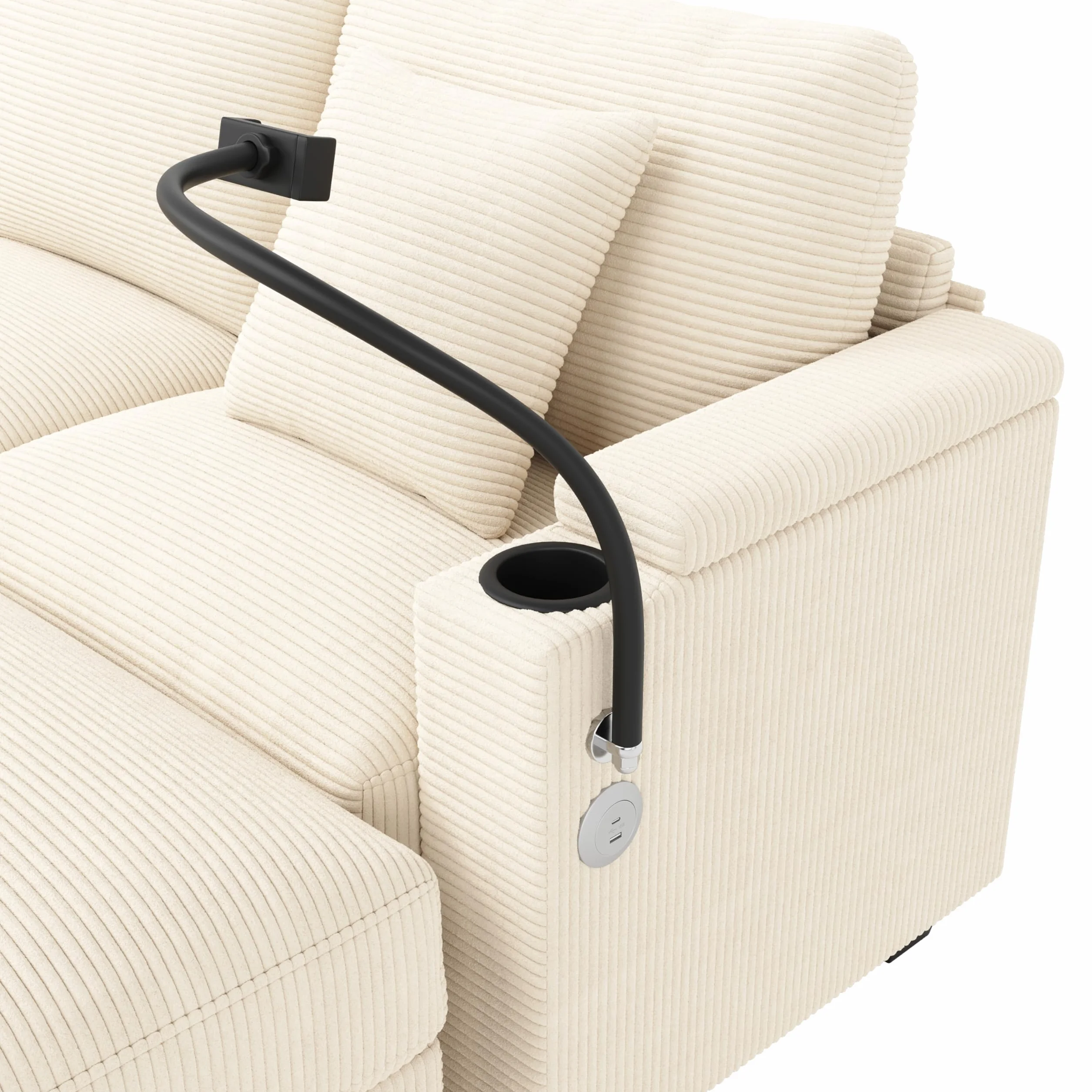 Zestaw wypoczynkowy w kształcie litery U z funkcją spania, modułowa sofa ze sztruksu, sofa narożna z uchwytem na telefon komórkowy, port ładowania USB, idealny do salonu, sypialni, beżowy