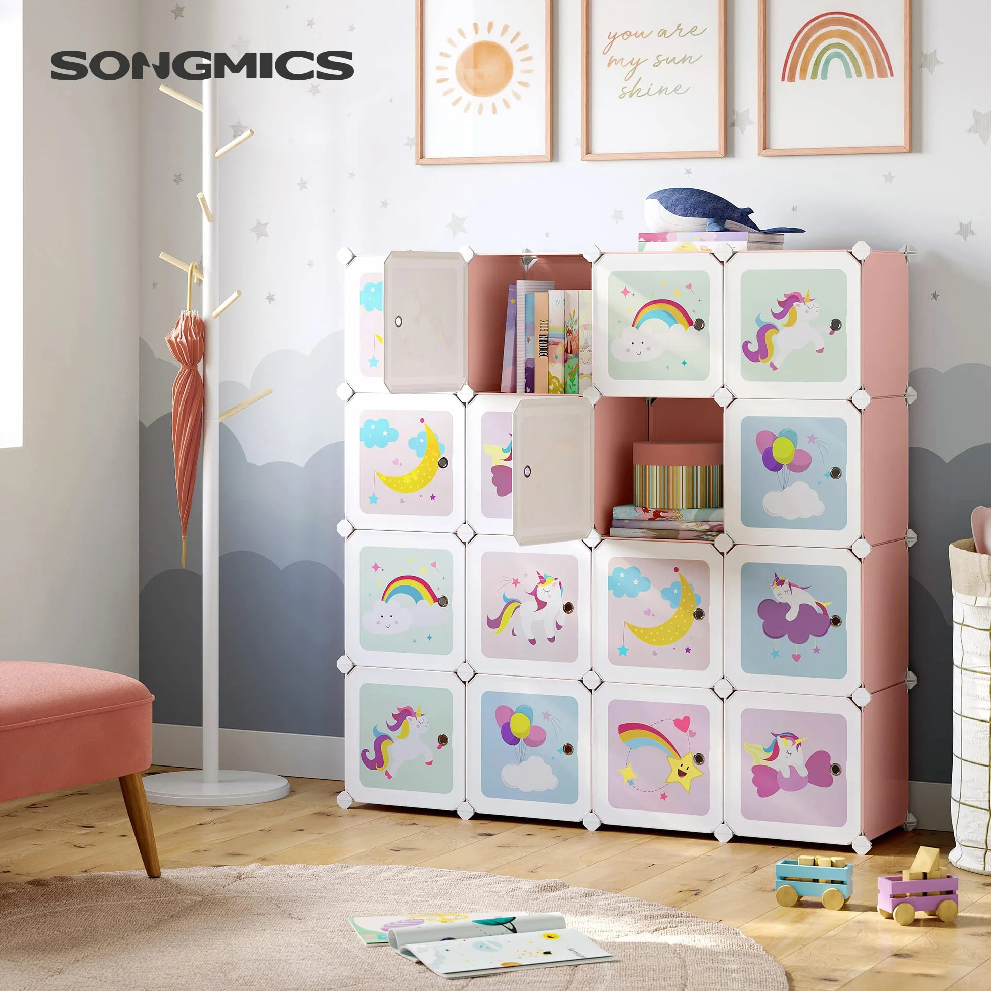 SONGMICS LPC906P01 System regałowy z 16 kostkami, szafa do przechowywania dla dzieci, szafa na ubrania i buty z drzwiami, z tworzywa sztucznego, regał wtykowy, uniwersalny, 123 x 31 x 123 cm, różowy