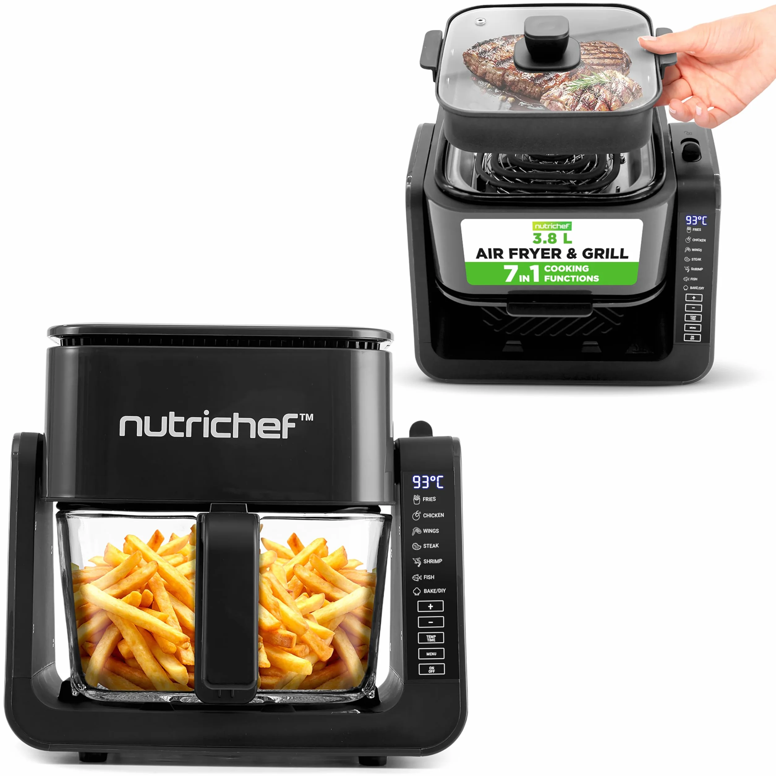 NutriChef Frytkownica Powietrzna i Grill 4 QT, 7 Wstępnie Ustawionych Trybów, Przezroczysta Misa, Smaży Krewetki, Steki, Frytki i Więcej, Frytkownica 4 QT i Grill 1.2 QT