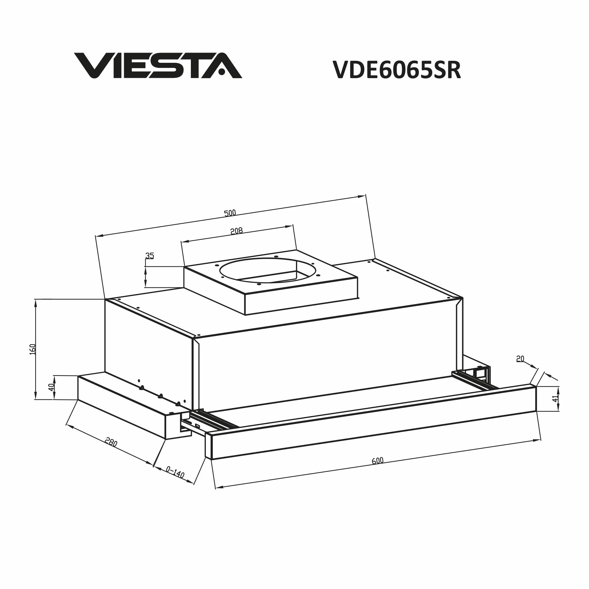 VIESTA VDE6065SR okap kuchenny, 60 cm, płaski okap kuchenny, do zabudowy, wysuwany, stal nierdzewna, powietrze wylotowe/obieg (filtr z węglem aktywnym) 333,8 m³/h, 59-64 dB, klasa energetyczna B
