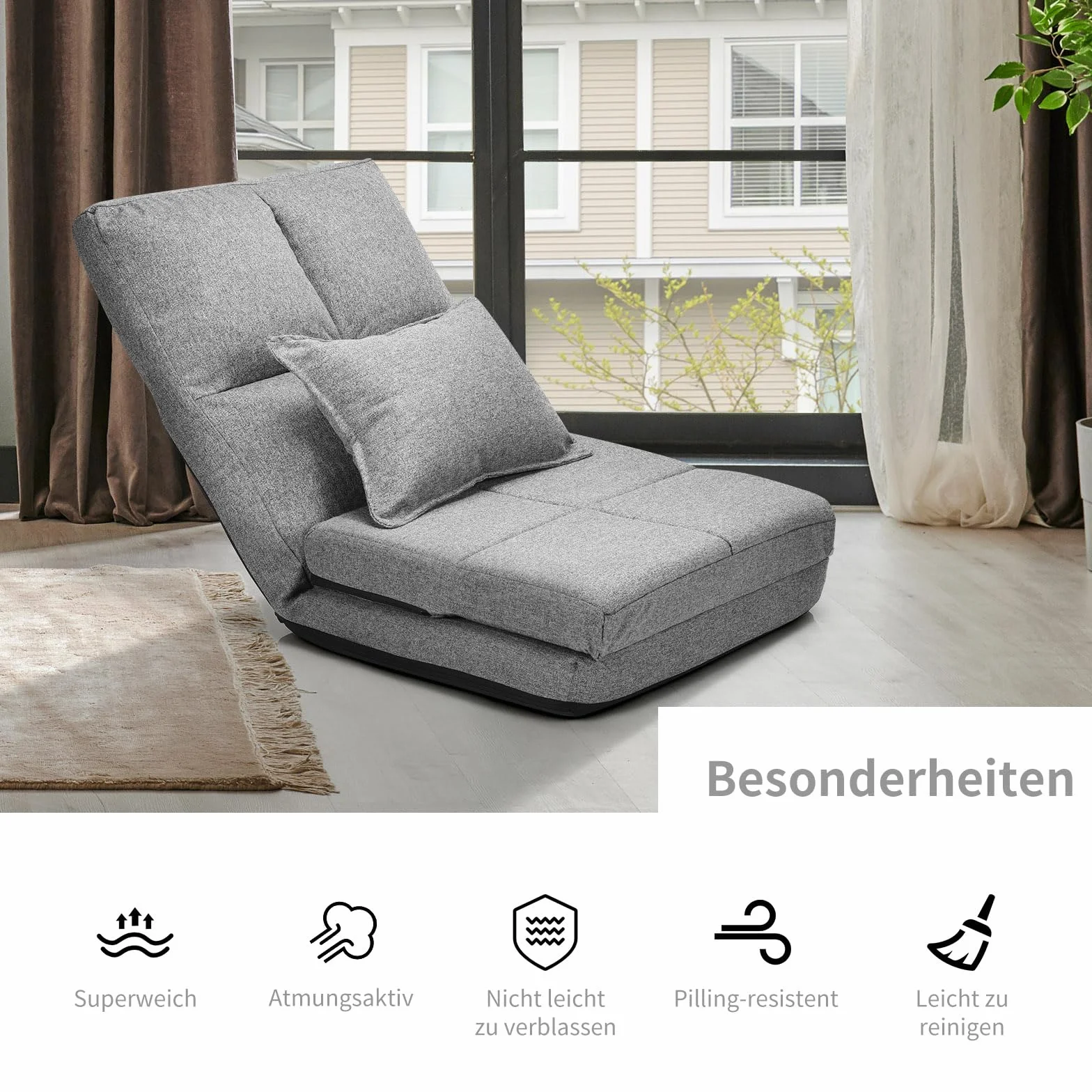 GOPLUS Krzesło podłogowe z regulacją oparcia i poduszkami, sofa podłogowa z funkcją spania, 100 kg, szary