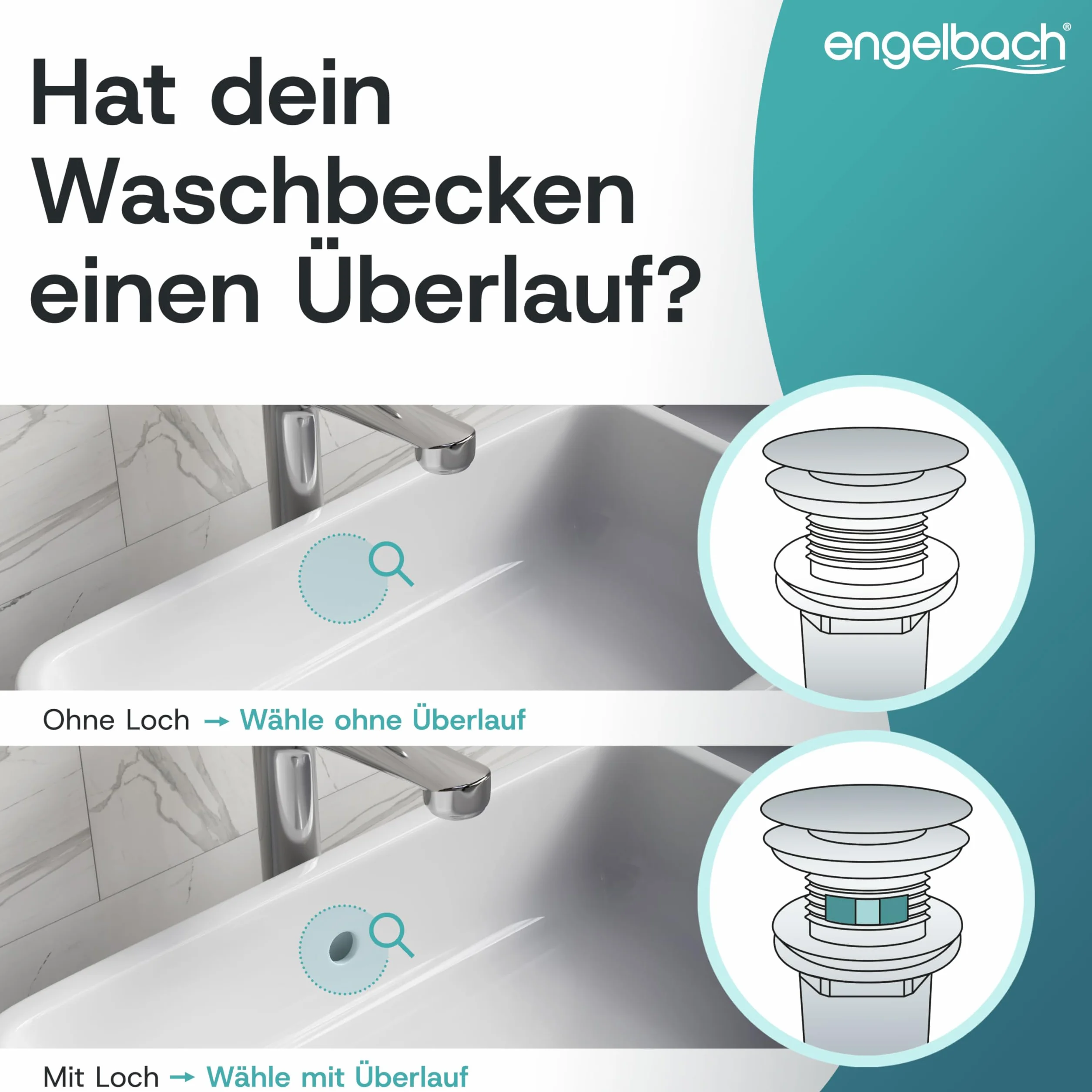 Engelbach® Uniwersalny zestaw odpływowy do umywalki – zawór pop-up (również do umywalek nablatowych) – wyjmowany korek z sitkiem na włosy – w zestawie instrukcja montażu, Ceramiczny z przelewem