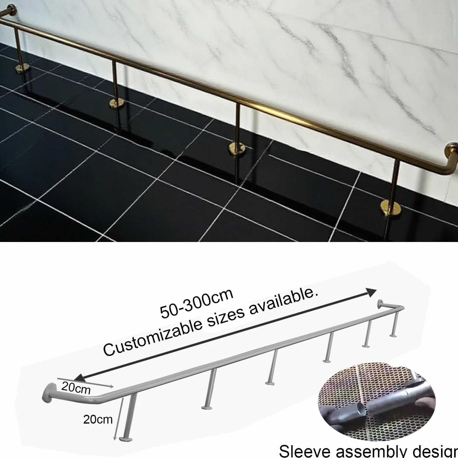 Regulowany mosiężny zestaw szyn nożnych, klasa komercyjna z elementami montażowymi pod blatem i zaślepkami stalowymi - idealny do domowych barów i restauracji, 80 cm-160 cm