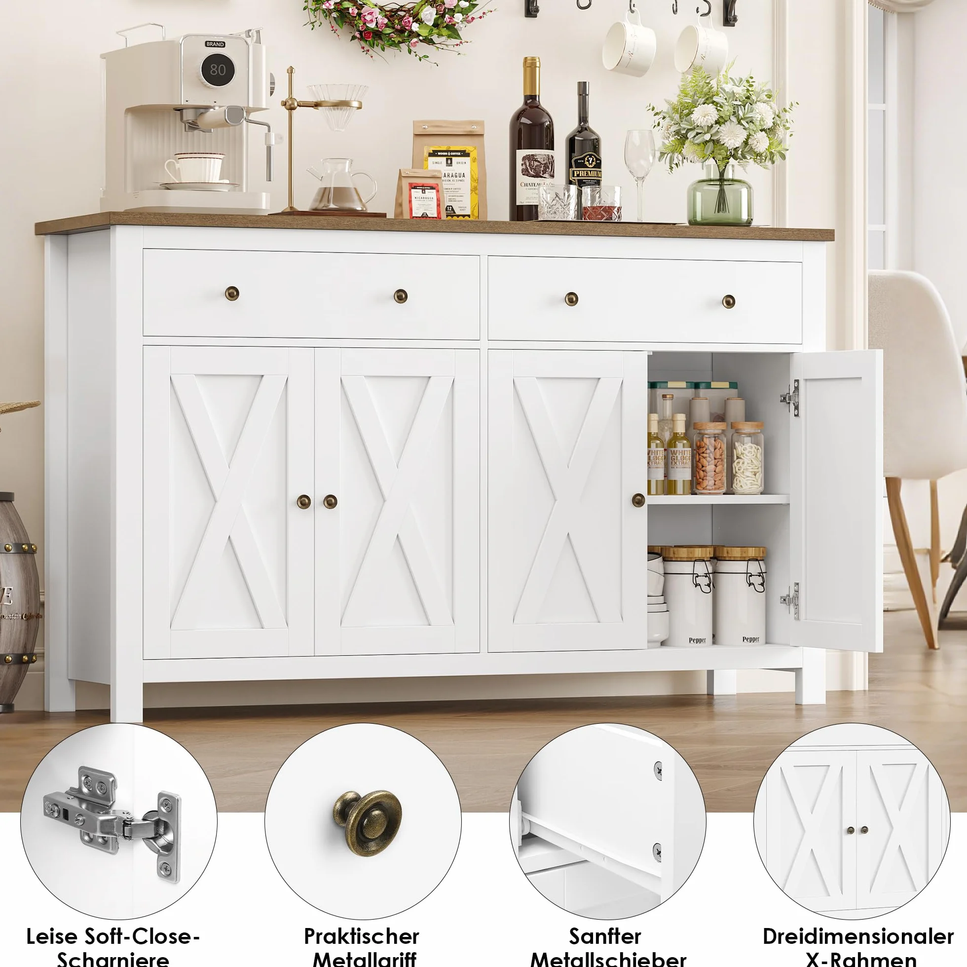 FirFurd kredens biały 140 cm szafka kuchenna z regulowanymi półkami 4 drzwi 2 szuflady 140 x 40 x 89 cm