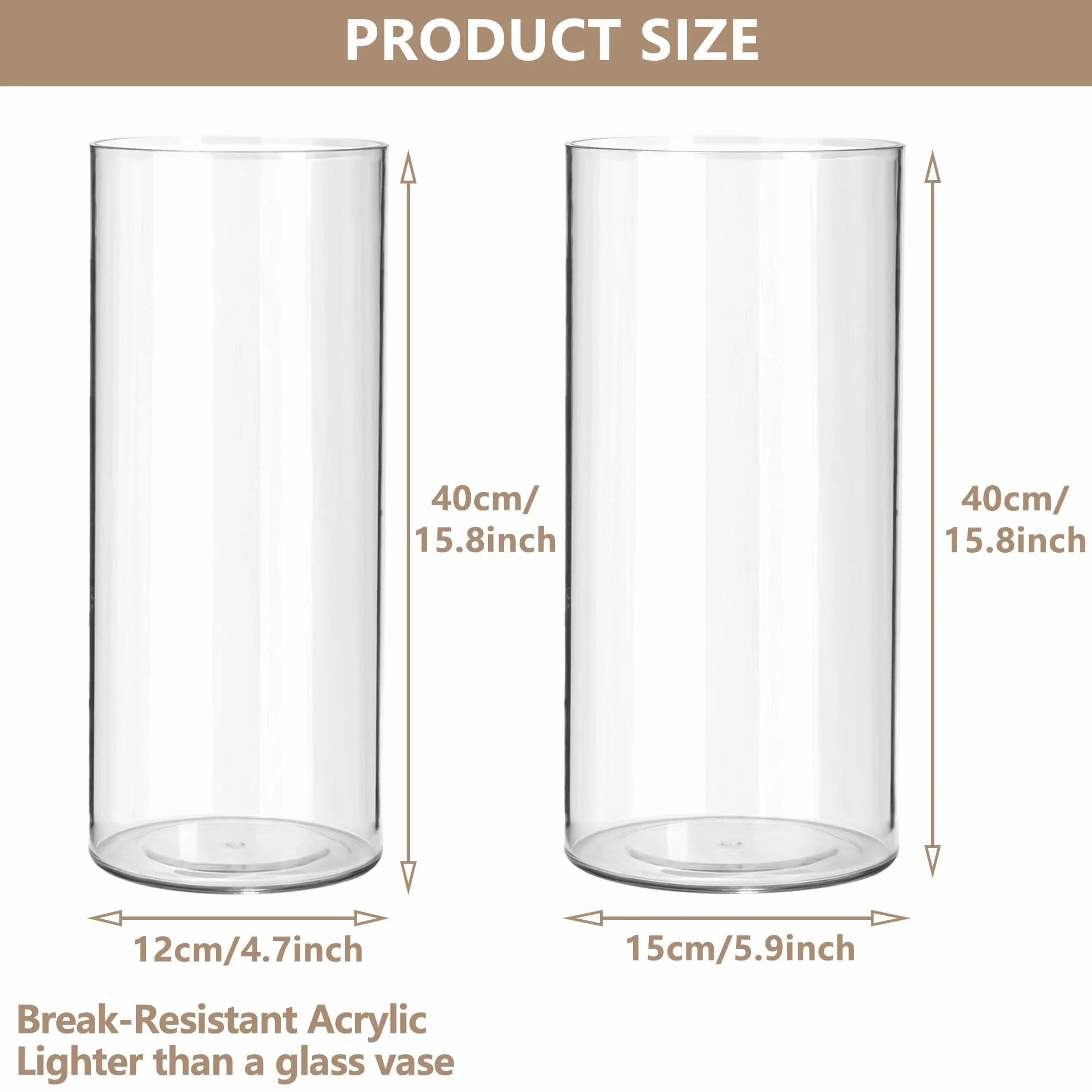 Przezroczysty akrylowy wazon - Nietłukący lekki cylindryczny wazon na kwiaty do salonu, sypialni, biura, łazienki - dekoracyjny nowoczesny wazon - 12 x 40 cm i 15 x 40 cm