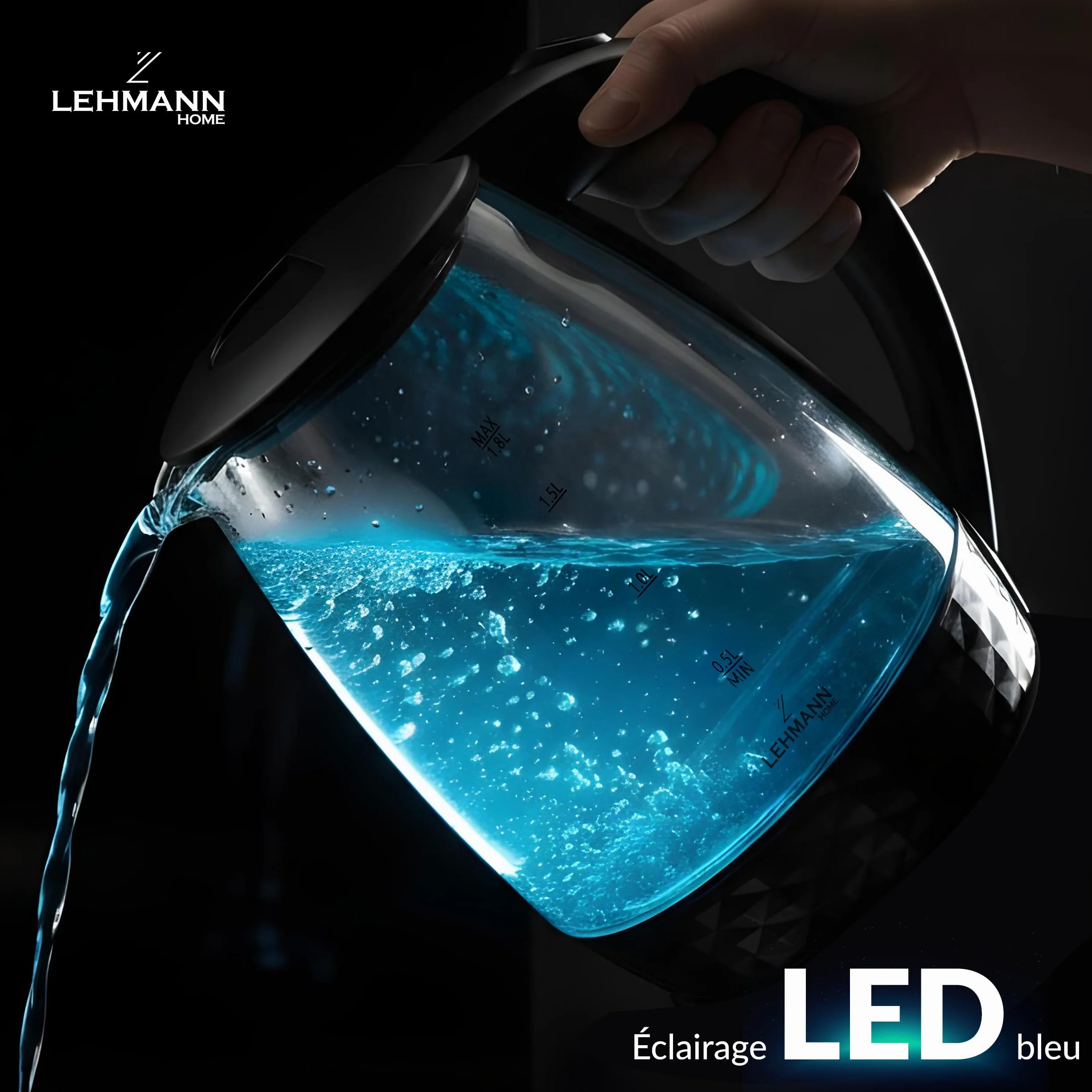 Lehmann LHOEK-2220C Czajnik elektryczny szklany 2l, czajnik elektryczny z podświetlanym zbiornikiem o mocy 2200W, bezprzewodowy ze zdobioną podstawą