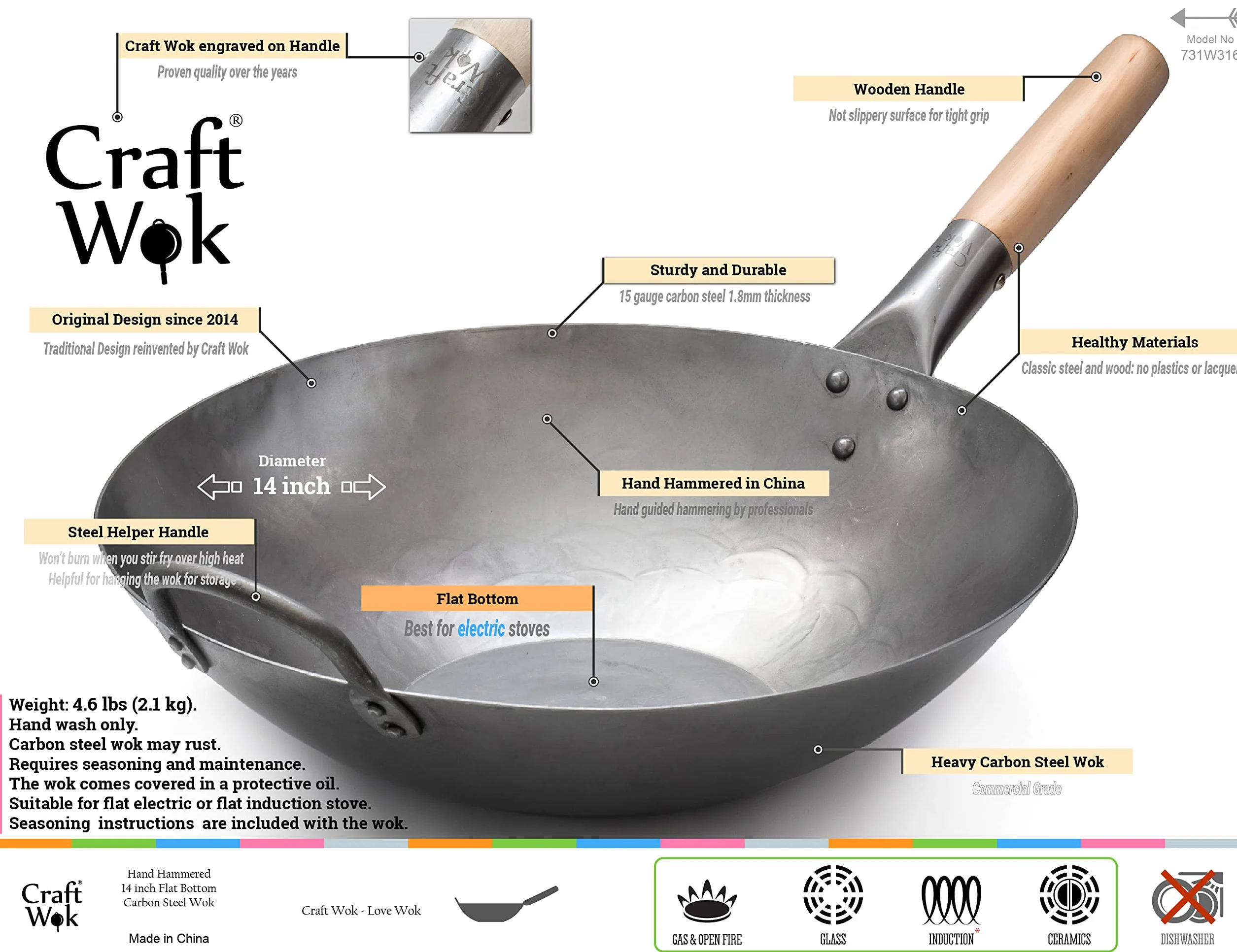 Craft Wok 731W316 ręcznie młotkowany wok ze stali węglowej z drewnianym i stalowym uchwytem pomocniczym, 35 cm, płaskie dno