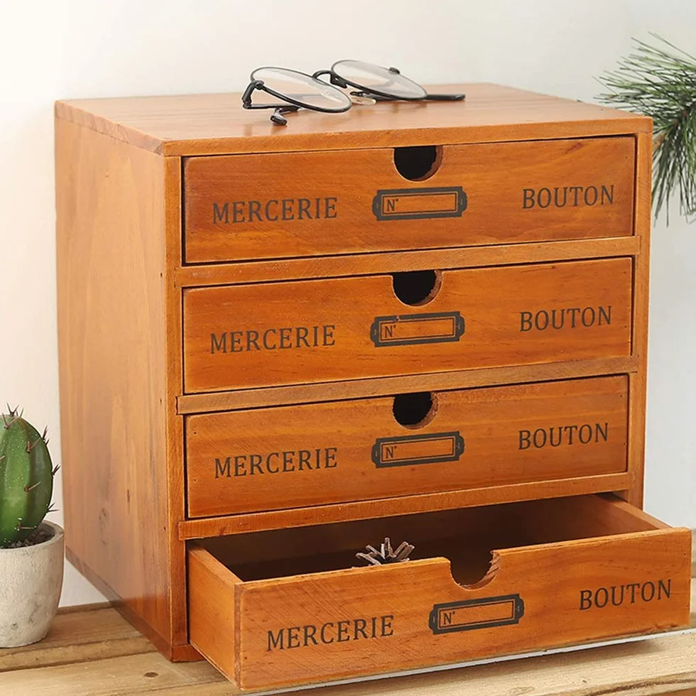 Baffect Drewniane pudełko z szufladami, 4-poziomowe, do przechowywania z szufladami, w stylu vintage, drewniane pudełko z szufladą, organizer, 4 poziomy
