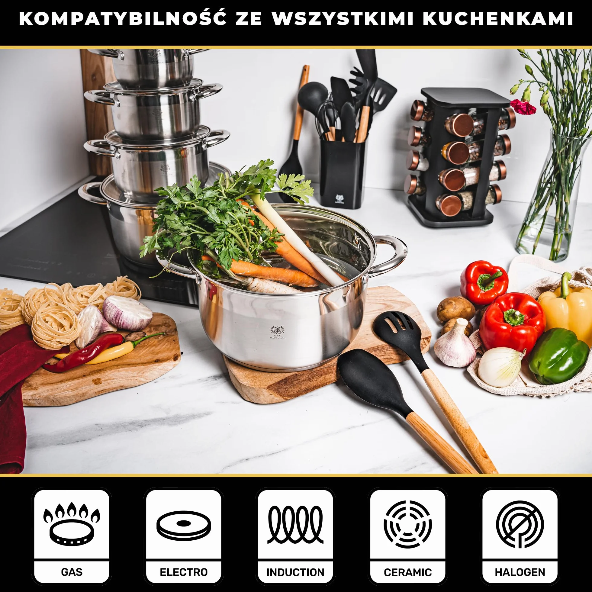 KARL HAUSMANN Garnek ze Stali Nierdzewnej - 3L - Ø 20 cm - ze Szklaną Pokrywką - do Gotowania Zupy, Makaronu, Spaghetti - Kompatybilny ze Wszystkimi Rodzajami Kuchenek, w tym Indukcją