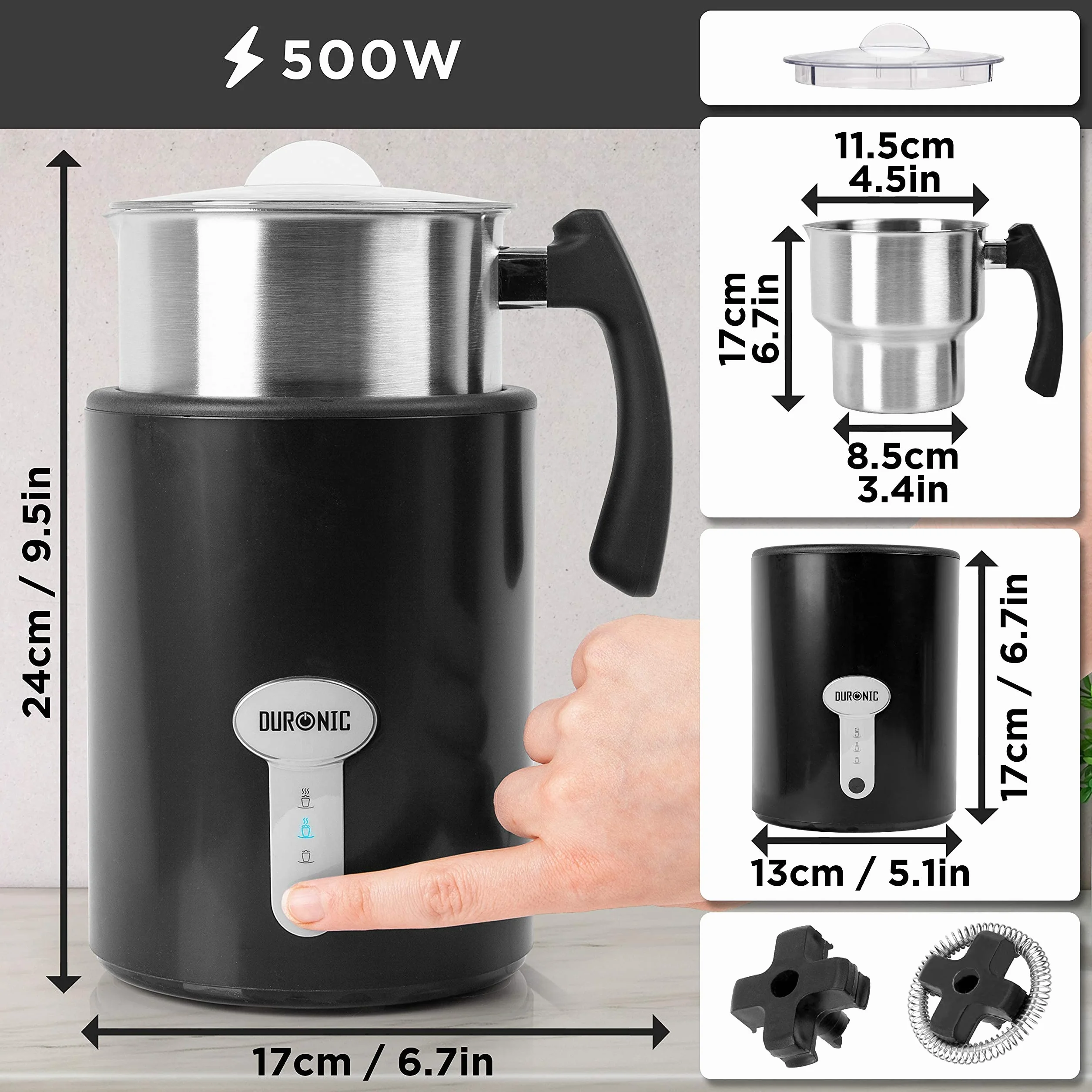 Duronic MF500 BK Automatyczny spieniacz do mleka elektryczny podgrzewacz ze stali nierdzewnej 500W | regulacja temperatury | pojemność do 500ml | schowek na końcówki w podstawie | do gorącej czekolady