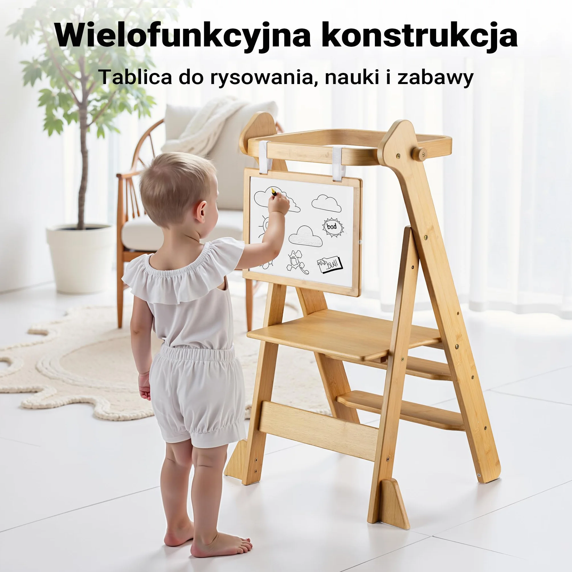 Wiltec Kichten helper składany 43 x 48 x 91 cm cm z bambusa, pomocnik kuchenny dla dzieci z regulacją wysokości, wieża edukacyjna z barierką ochronną