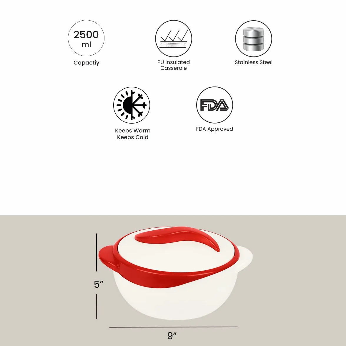 Pinnacle Serving Salad/Soup Dish Bowl - termoizolacyjna miska z pokrywką - świetna miska na wakacje, kolację i imprezę, 2,5 qt. (czerwona)