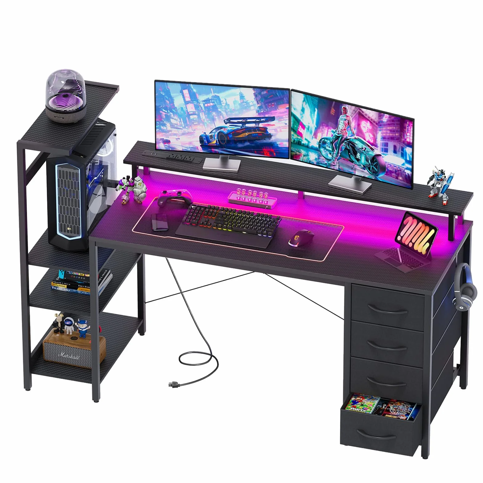 APICIZON Biurko gamingowe 150 cm z szafką na książki – odwracalne biurko komputerowe z oświetleniem LED RGB, 2 porty USB, uchwyt na głowę i uchwyt na kubek, wygląd karbonu, kolor czarny