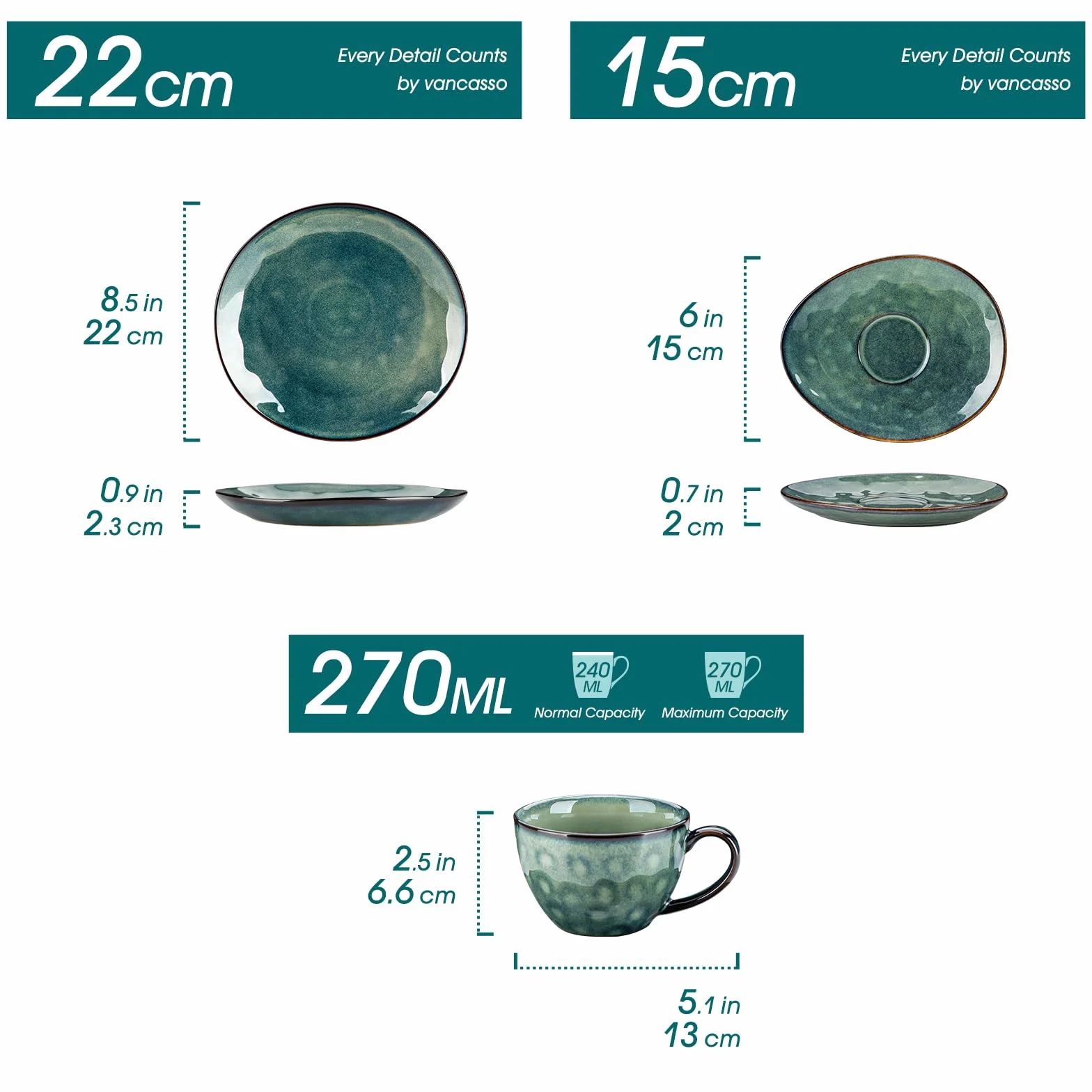 vancasso Gwiaździsty zestaw filiżanek i spodków z talerzami deserowymi 21,5 cm, ceramiczny zestaw do popołudniowej herbaty dla 4 osób, filiżanka do kawy 270 ml do espresso, cappuccino i wszelkiego