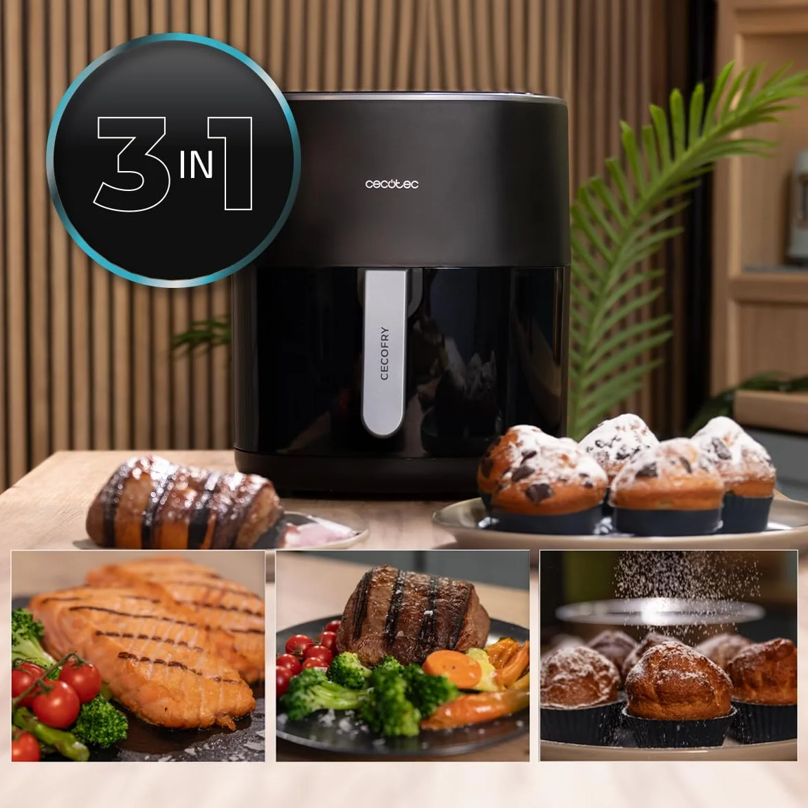 Cecotec Bezolejowa frytkownica powietrzna Cecofry&Grill Duoheat 6500. Grill, żelazko do pizzy, podwójna rezystancja 2200W, okno podglądu, 12 menu, Temp. 40-200°C, gotowanie 3D, brązowienie i